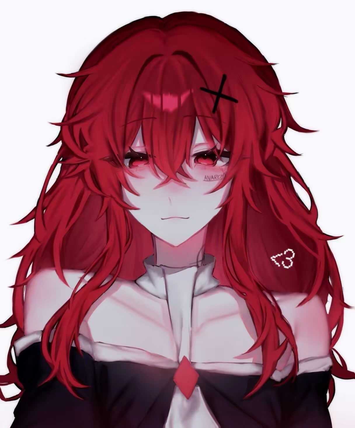 commentary request, highres, 1girl, :3, anarchy (asteria), asteria (musician), bare shoulders, black dress, body writing, closed mouth, collarbone, crossed bangs, double-parted bangs, dress, hair between eyes, hair ornament, kuro1 x5, long hair, looking at viewer, off-shoulder dress, off shoulder, red eyes, red hair, scar, scar on face, sidelocks, simple background, solo, upper body, white background, x hair ornament