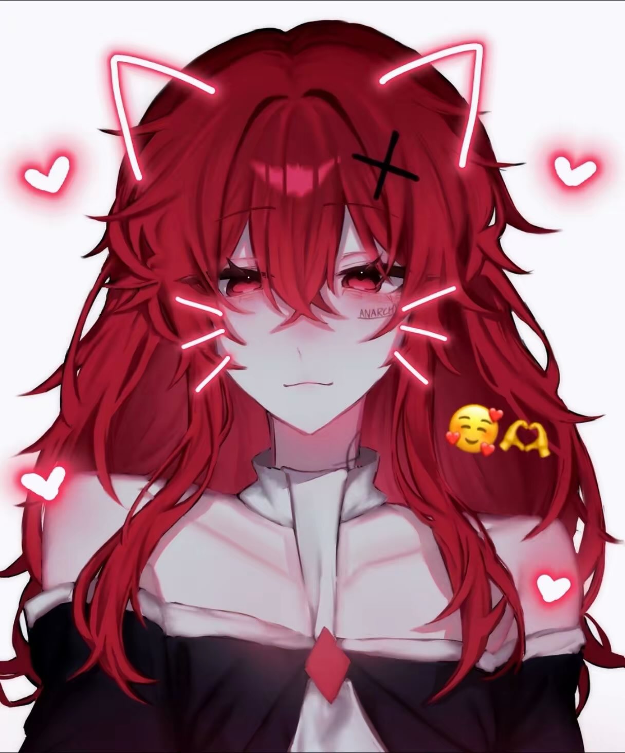 commentary request, highres, 1girl, :3, anarchy (asteria), asteria (musician), bare shoulders, black dress, body writing, closed mouth, collarbone, crossed bangs, double-parted bangs, dress, emoji, face filter, hair between eyes, hair ornament, heart, kuro1 x5, long hair, looking at viewer, off-shoulder dress, off shoulder, red eyes, red hair, scar, scar on face, sidelocks, simple background, solo, upper body, white background, x hair ornament