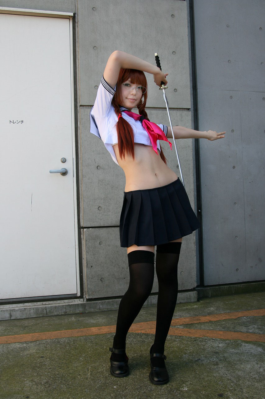 namada, arisugawa shii, the art of yamashita shunya, highres, photo (medium), 1girl, arisugawa shii (cosplay), asian, black shoes, black thighhighs, blue eyes, braid, brown hair, color contacts, contrapposto, cosplay, crop top, female focus, full body, glasses, lensless glasses, long hair, looking at viewer, mary janes, midriff, miniskirt, navel, pleated skirt, sailor, school uniform, serafuku, shoes, short sleeves, skirt, solo, standing, sword, thighhighs, twin braids, weapon, zettai ryouiki