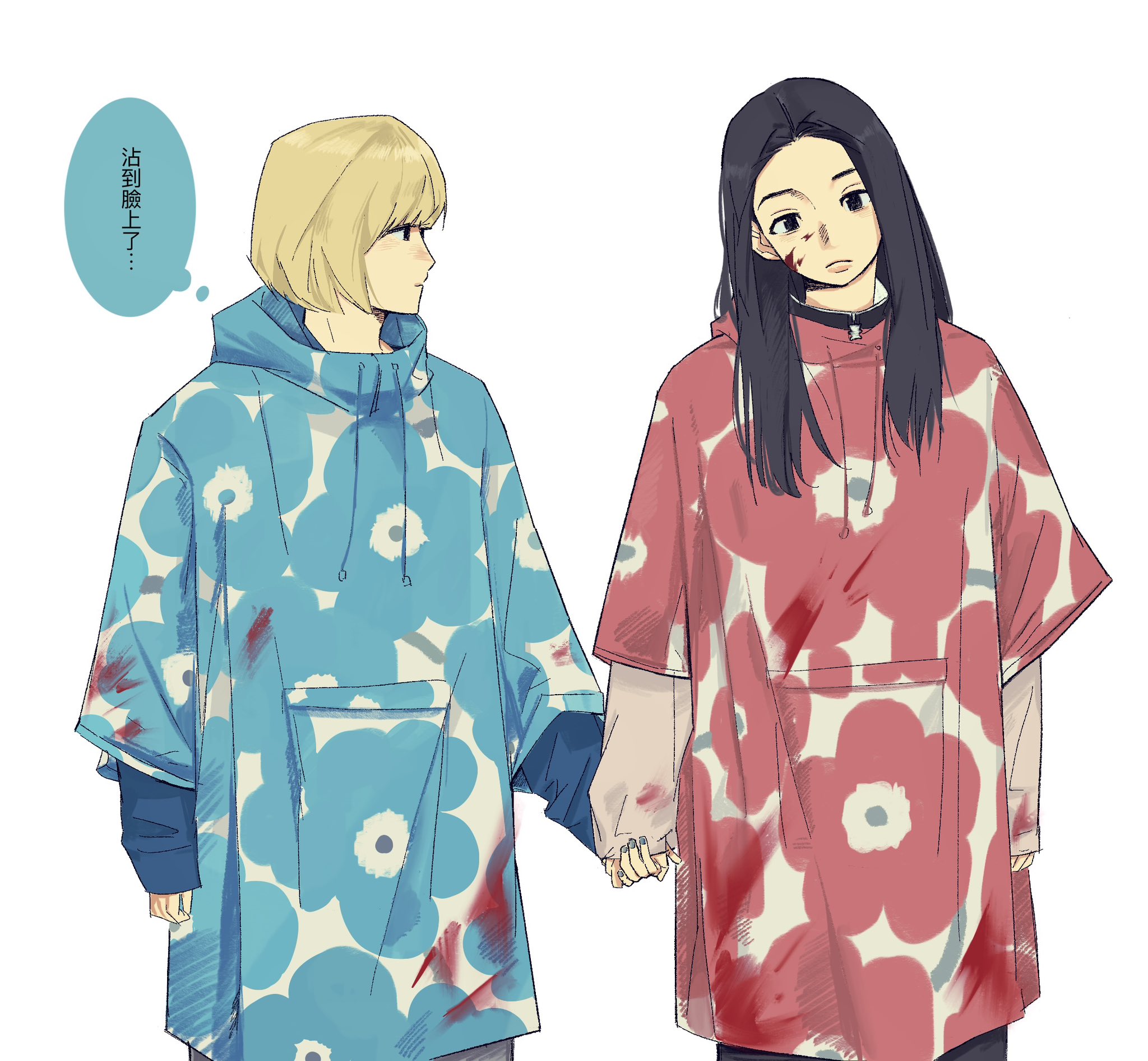 liiix46, fukagawa mahiro, sugimoto chisato, baby walkure, commentary, hashtag-only commentary, highres, translation request, 2girls, black eyes, blonde hair, blood, blood on face, holding hands, long hair, long sleeves, multiple girls, poncho, short hair, simple background, white background, yuri