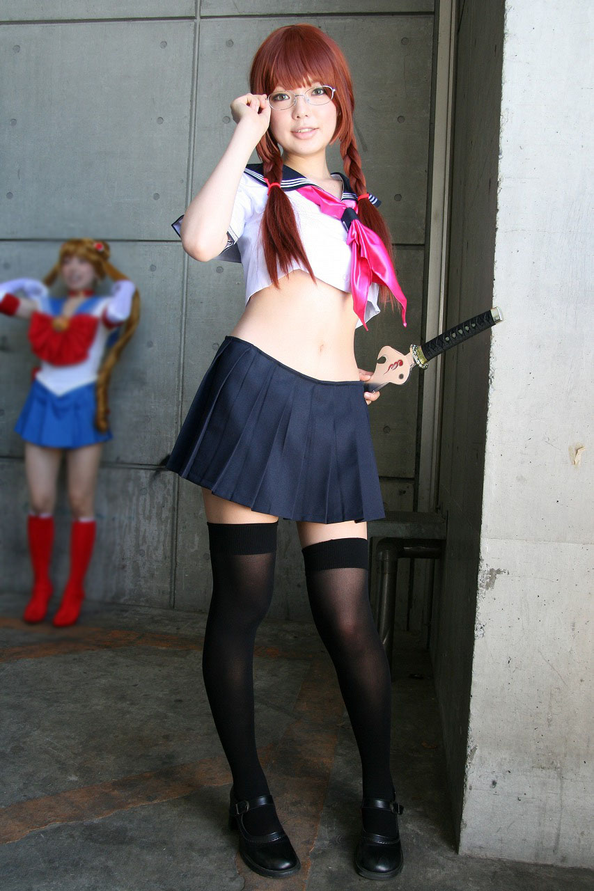 namada, arisugawa shii, tsukino usagi, bishoujo senshi sailor moon, the art of yamashita shunya, black footwear, black legwear, highres, photo (medium), 2girls, aqua eyes, arisugawa shii (cosplay), asian, blue eyes, blurry, braid, brown hair, color contacts, contrapposto, cosplay, crop top, depth of field, glasses, green eyes, lensless glasses, long hair, looking at viewer, mary janes, midriff, miniskirt, multiple girls, navel, pleated skirt, sailor, school uniform, serafuku, shoes, short sleeves, skirt, solo focus, standing, sword, thighhighs, twin braids, weapon, zettai ryouiki