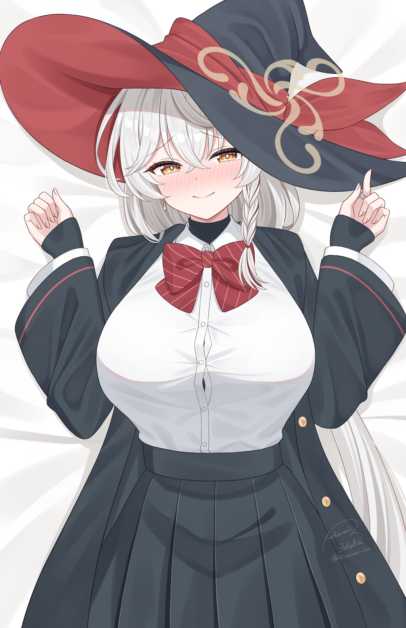 kurumi lm, eri (blue archive), blue archive, commentary request, highres, 1girl, bed sheet, black coat, blush, bow, bowtie, braid, braided sidelock, breasts, brown eyes, brown halo, coat, crossed bangs, embarrassed, hair between eyes, halo, hat, large breasts, long hair, looking at viewer, lying, multicolored hair, on back, on bed, open clothes, open coat, pleated skirt, red bow, red bowtie, shirt, side halo, single braid, single sidelock, skirt, smile, solo, streaked hair, striped bow, striped bowtie, striped clothes, tilted halo, turtleneck, turtleneck shirt, two-sided fabric, two-sided headwear, undershirt, white shirt, witch hat