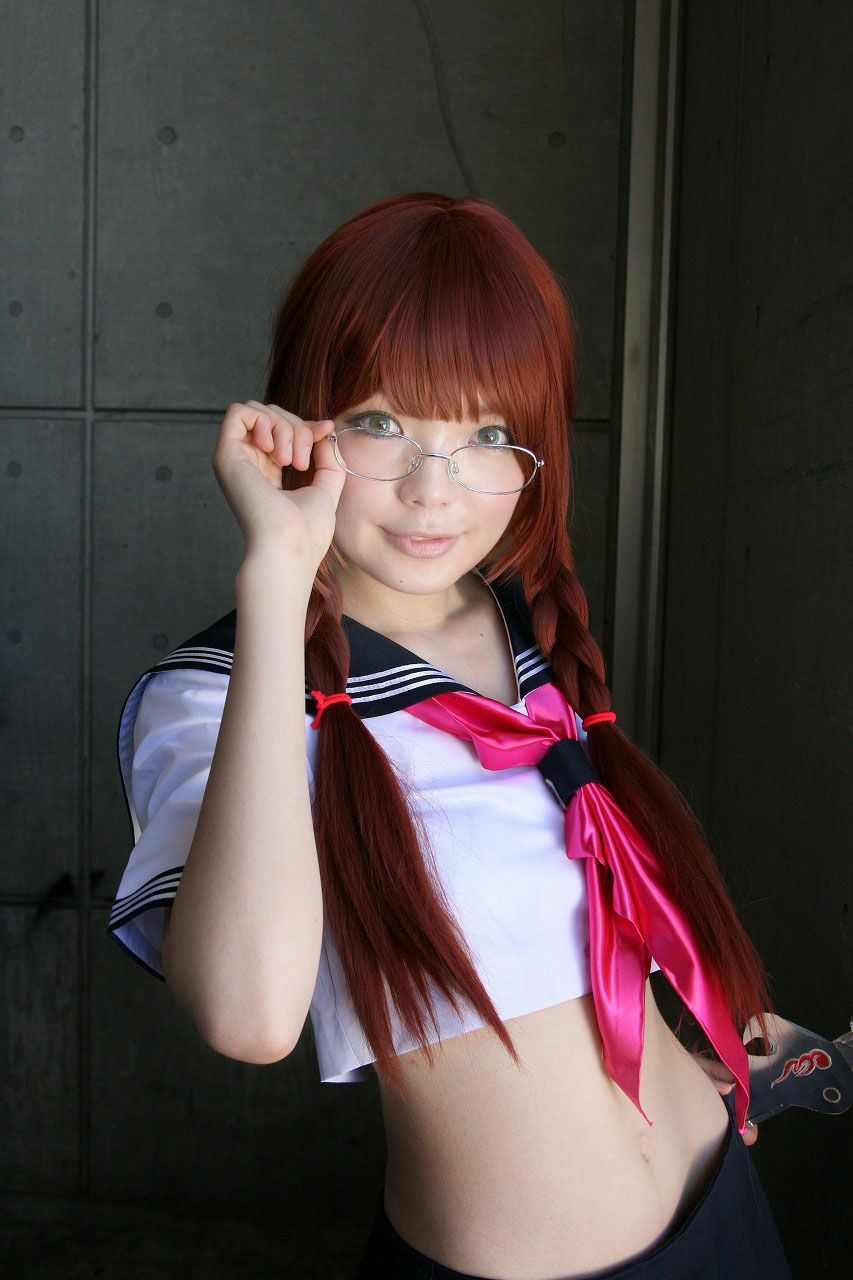namada, arisugawa shii, the art of yamashita shunya, highres, photo (medium), 1girl, aqua eyes, arisugawa shii (cosplay), asian, blue eyes, blurry, braid, brown hair, color contacts, contrapposto, cosplay, crop top, depth of field, female focus, glasses, green eyes, lensless glasses, long hair, looking at viewer, looking over eyewear, midriff, navel, pleated skirt, sailor, school uniform, serafuku, short sleeves, skirt, solo, standing, sword, twin braids, weapon