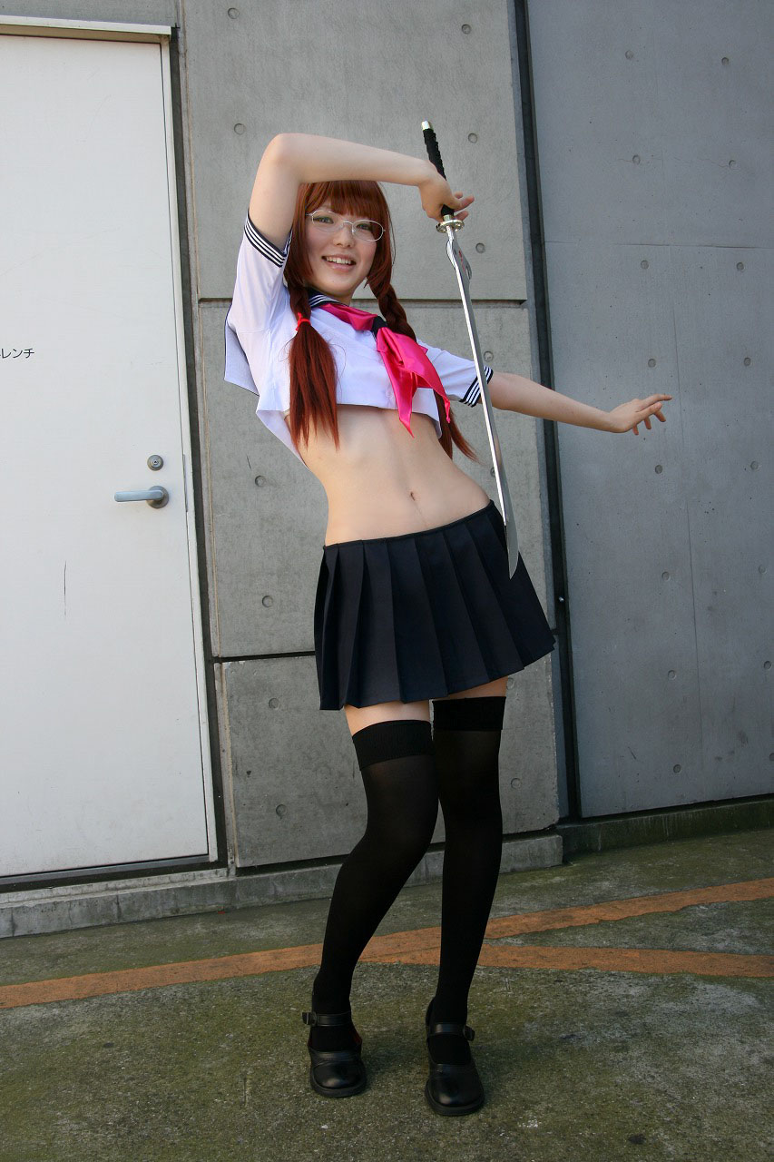 namada, arisugawa shii, the art of yamashita shunya, highres, photo (medium), 1girl, arisugawa shii (cosplay), asian, black shoes, black thighhighs, blue eyes, braid, brown hair, color contacts, contrapposto, cosplay, crop top, dutch angle, female focus, full body, glasses, lensless glasses, long hair, looking at viewer, mary janes, midriff, miniskirt, navel, outdoors, pleated skirt, sailor, school uniform, serafuku, shoes, short sleeves, skirt, smile, solo, standing, sword, thighhighs, twin braids, weapon, zettai ryouiki
