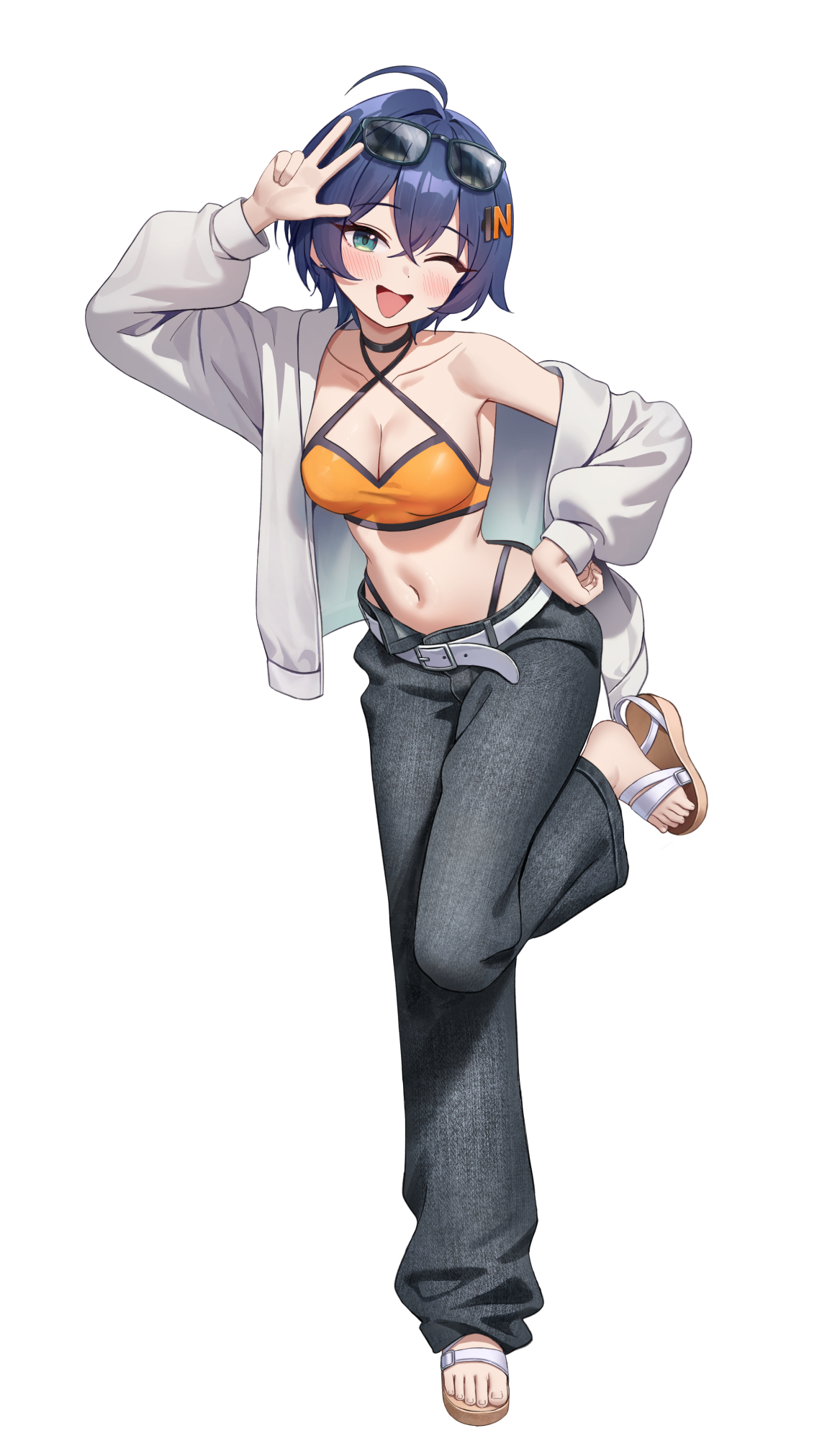 nay, belle (zenless zone zero), zenless zone zero, hashtag-only commentary, highres, 1girl, ;d, alternate costume, belt, black-framed eyewear, black choker, black pants, blue eyes, blue hair, breasts, choker, cleavage, collarbone, criss-cross halter, crop top, crossed bangs, eyewear on head, full body, grey jacket, hair between eyes, hair ornament, halterneck, jacket, long sleeves, looking at viewer, medium breasts, midriff, navel, one eye closed, open clothes, open jacket, open mouth, pants, sandals, short hair, simple background, single off shoulder, smile, solo, standing, standing on one leg, sunglasses, tachi-e, w, white background, white belt