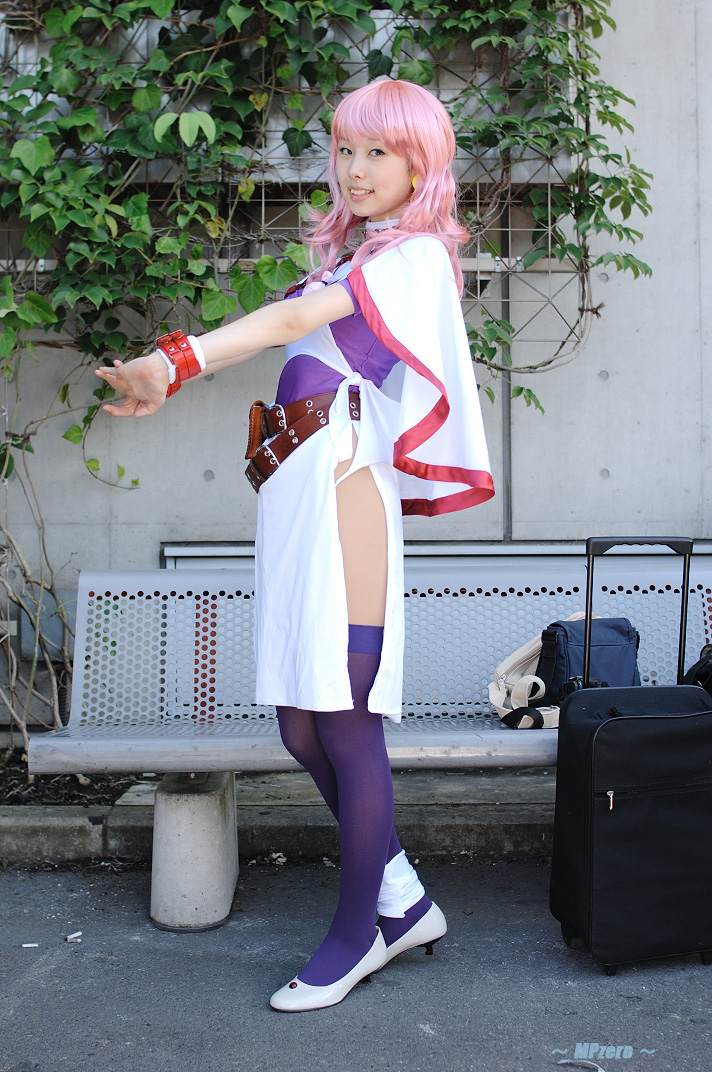 kichikuou rance, rance (series), photo (medium), belt, cape, cosplay, minato misa, pink hair, sill, thighhighs
