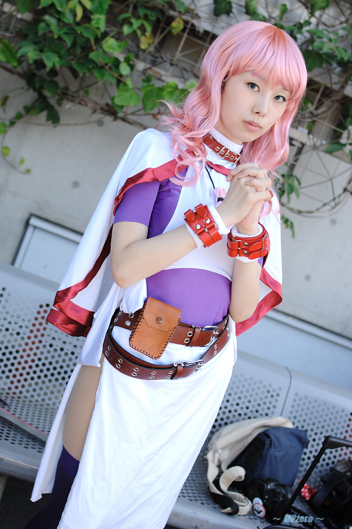 kichikuou rance, rance (series), photo (medium), belt, cape, cosplay, minato misa, pink hair, sill, thighhighs