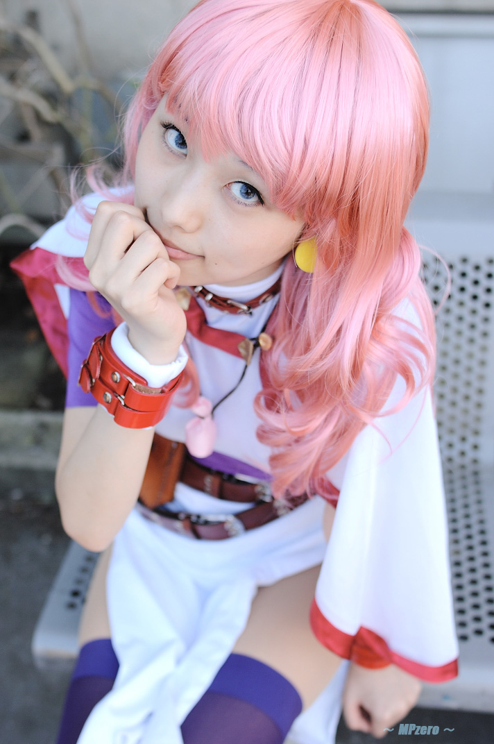kichikuou rance, rance (series), photo (medium), belt, cape, cosplay, minato misa, pink hair, sill, thighhighs