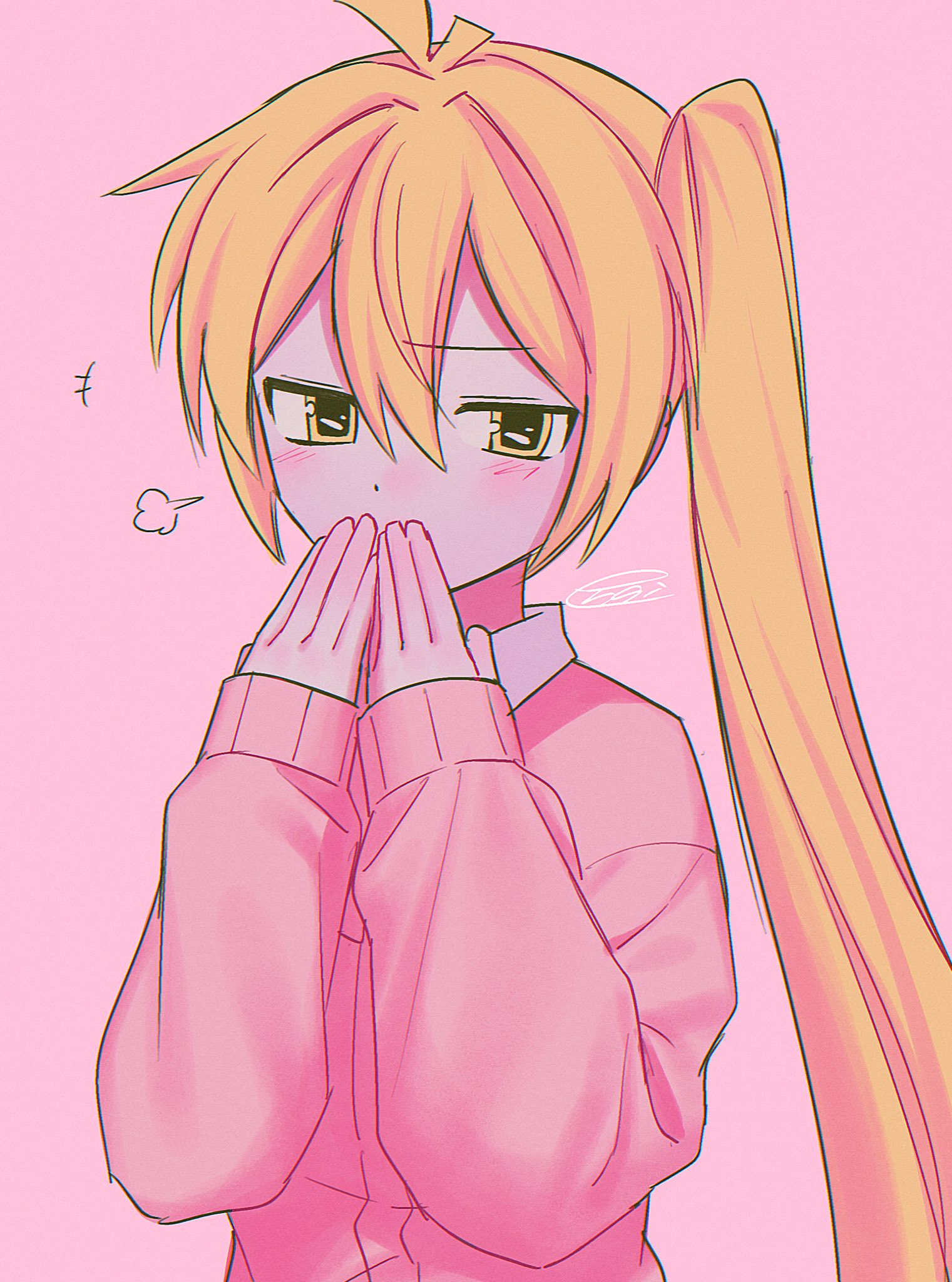menma (enaic31), akita neru, vocaloid, zako (vocaloid), commentary, highres, +++, 1girl, antenna hair, blonde hair, blush, cardigan, chromatic aberration, collared shirt, covering own mouth, cowlick, double-parted bangs, faux retro artstyle, film grain, hair between eyes, hands up, high side ponytail, jitome, long hair, long sleeves, looking at viewer, pink background, pink cardigan, puffy long sleeves, puffy sleeves, school uniform, shirt, side ponytail, signature, simple background, solo, upper body, very long hair, white shirt, yellow eyes