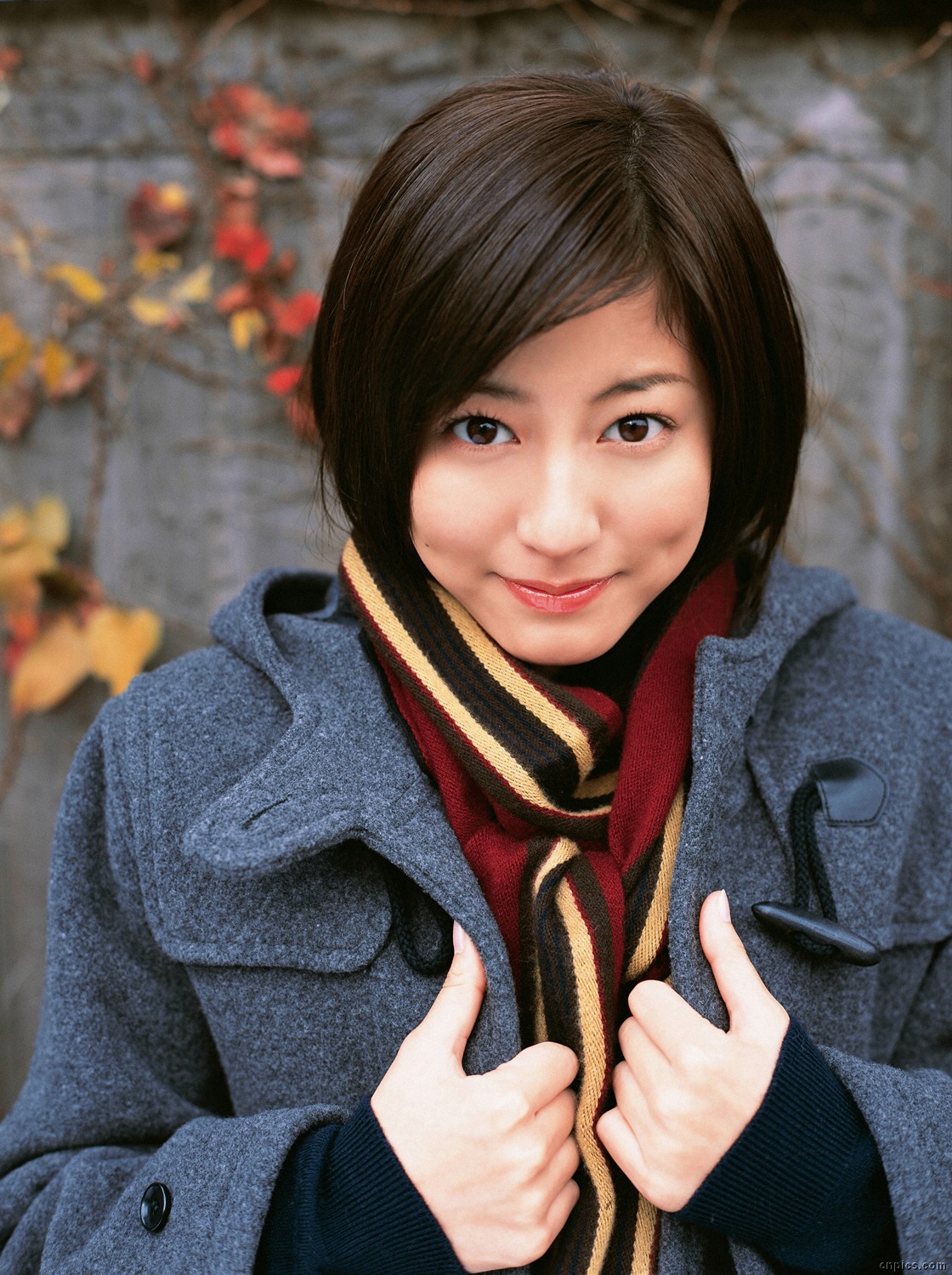 sugimoto yumi, highres, photo (medium), 1girl, asian, blazer, brown hair, cardigan, cosplay, dimples, female focus, jacket, long hair, looking at viewer, scarf, school uniform, solo