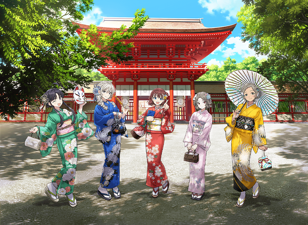 awa subaru, ebizuka tomo, iseri nina, kawaragi momoka, rupa (girls band cry), girls band cry, japan railways, artist request, official art, 5girls, bag, black hair, blue eyes, blue kimono, braid, central japan railway company, floral print, floral print kimono, green kimono, grey eyes, grey hair, hair between eyes, hair down, handbag, holding, holding bag, holding mask, japanese clothes, kimono, kyoto, looking at viewer, mask, multicolored hair, multiple girls, obi, oil-paper umbrella, open mouth, parted bangs, pink kimono, print kimono, purple eyes, real world location, red eyes, red hair, red kimono, roots (hair), sash, short hair, short hair with long locks, single braid, socks, standing, togenashi togeari, umbrella, white socks, yellow kimono