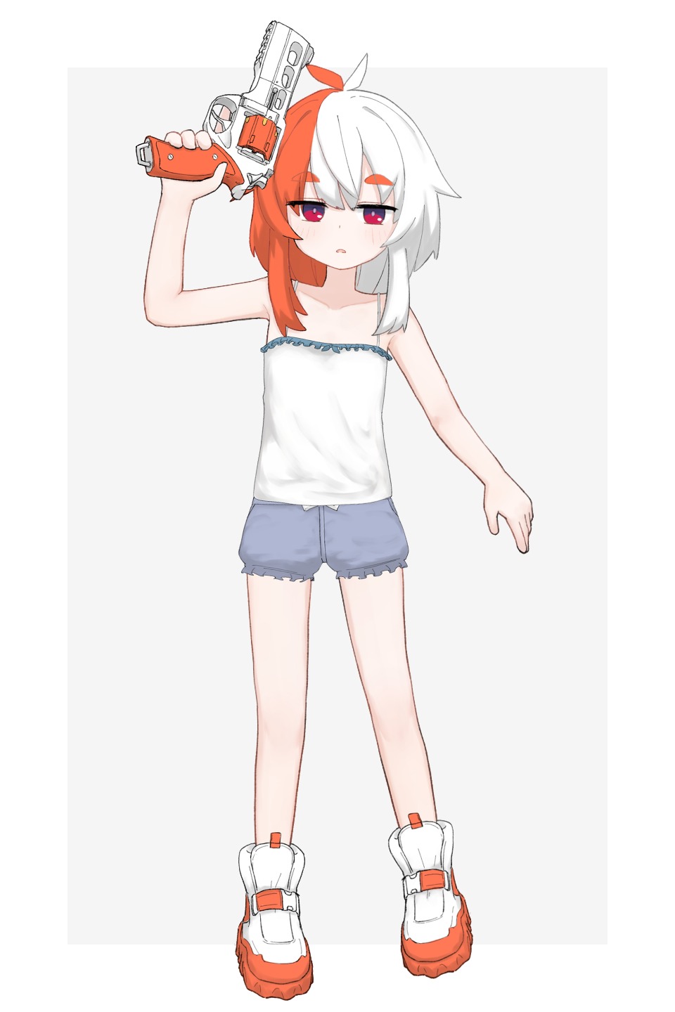 kamihine, original, commentary, highres, variant set, 1girl, antenna hair, arm up, bare legs, bloomers, blue bloomers, borrowed character, camisole, dated commentary, flat chest, full body, grey background, gun, holding, holding gun, holding weapon, ka shiori (ka shiori), long hair, multicolored hair, open mouth, red eyes, red hair, shoes, simple background, solo, split-color hair, thick eyebrows, underwear, weapon, white camisole, white hair