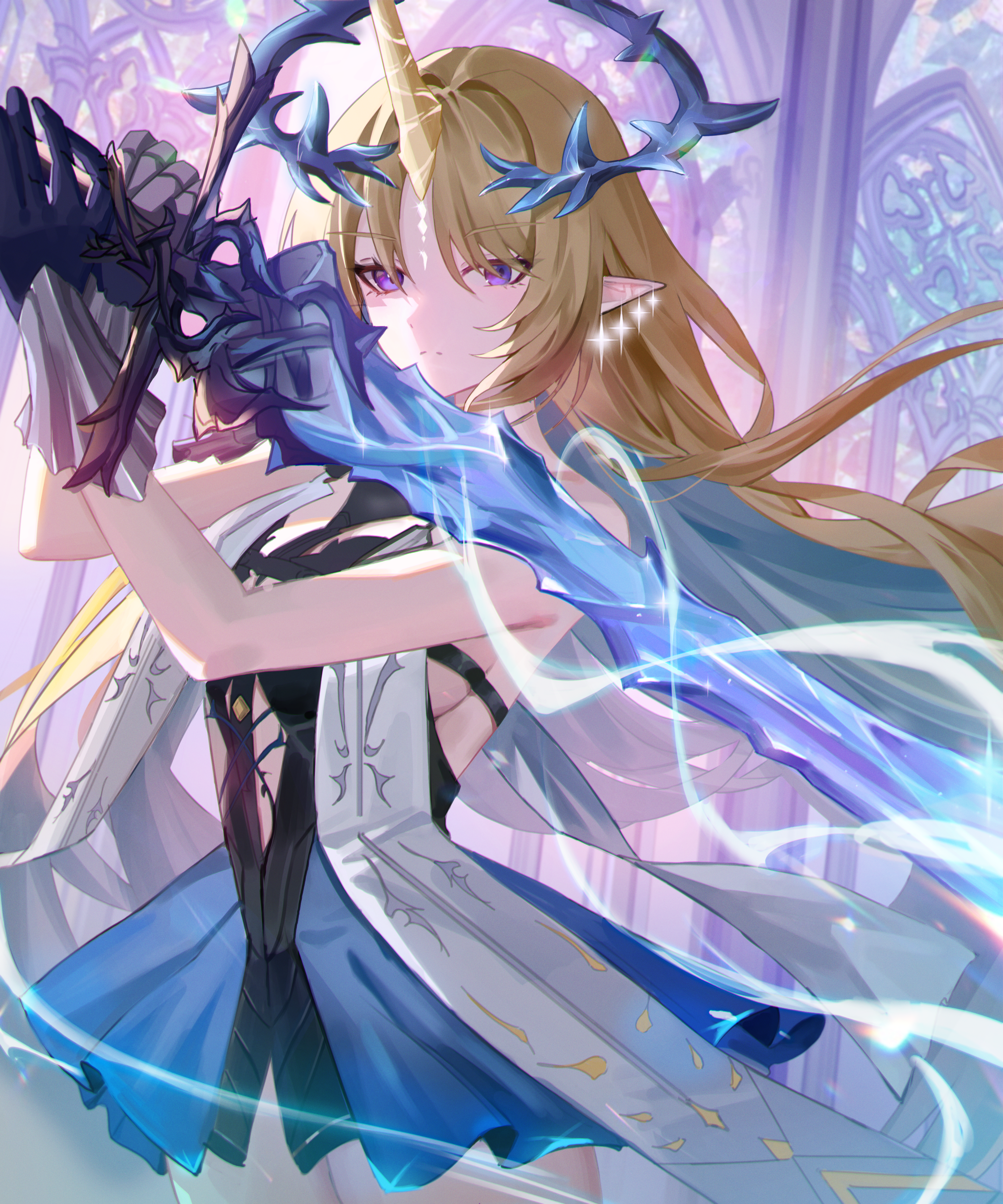 fleurdelys (wuthering waves), wuthering waves, absurdres, commentary, highres, korean commentary, 1girl, bare shoulders, black dress, blonde hair, blue hair, breasts, colored inner hair, cowboy shot, crown of thorns, dress, earrings, floating earrings, holding, holding sword, holding weapon, horns, jewelry, large breasts, long hair, multicolored hair, parted bangs, pointy ears, purple eyes, seyu 11, sidelocks, single horn, solo, sword, tacet mark (wuthering waves), two-handed, very long hair, weapon, yellow horns
