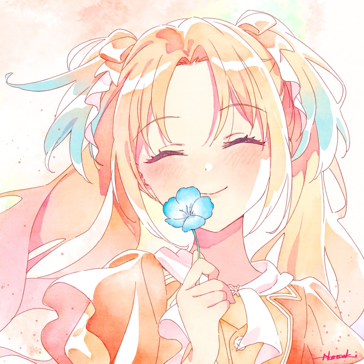 katoh akatsuki, osawa rurino, link! like! love live!, love live!, commentary, hashtag-only commentary, highres, symbol-only commentary, 1girl, blonde hair, bloom the smile bloom the dream!, blue flower, blue hair, blush, bow, closed eyes, closed mouth, facing viewer, flower, gradient hair, hair bow, holding, holding flower, long hair, multicolored hair, official alternate costume, portrait, signature, smile, solo, twintails