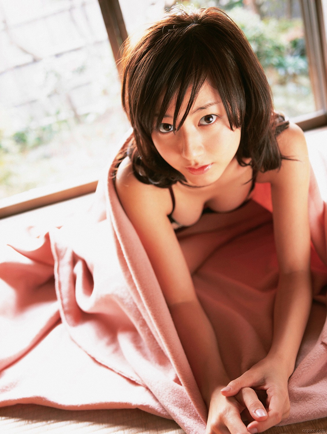 sugimoto yumi, highres, photo (medium), 1girl, asian, bikini, blanket, brown hair, dutch angle, female focus, floor, indoors, long hair, looking at viewer, mole, solo, swimsuit, tatami