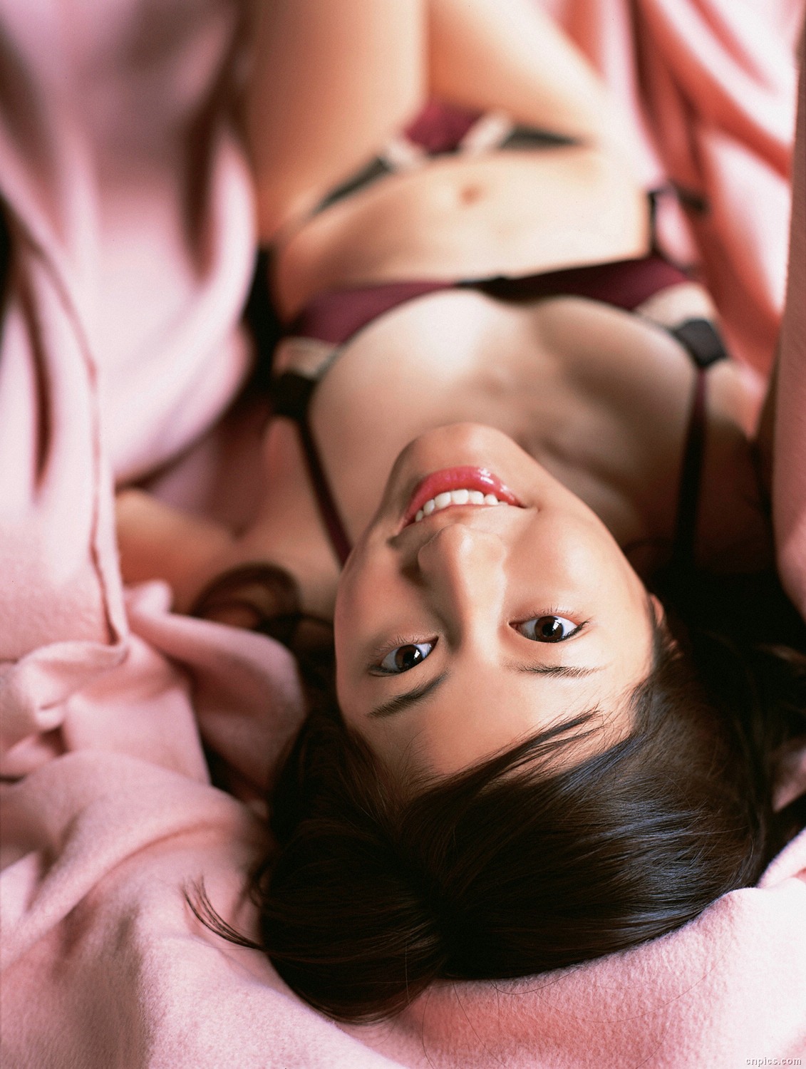 sugimoto yumi, highres, photo (medium), 1girl, asian, bikini, blanket, brown hair, female focus, floor, indoors, long hair, looking at viewer, mole, solo, swimsuit