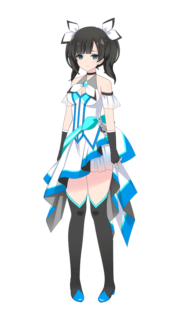 wang yujia, assault lily, highres, official art, 1girl, black hair, black thighhighs, blue gemstone, dress, fingerless gloves, frilled dress, frills, gem, gloves, green eyes, magical girl, shoes, short hair, smile, thighhighs, twintails