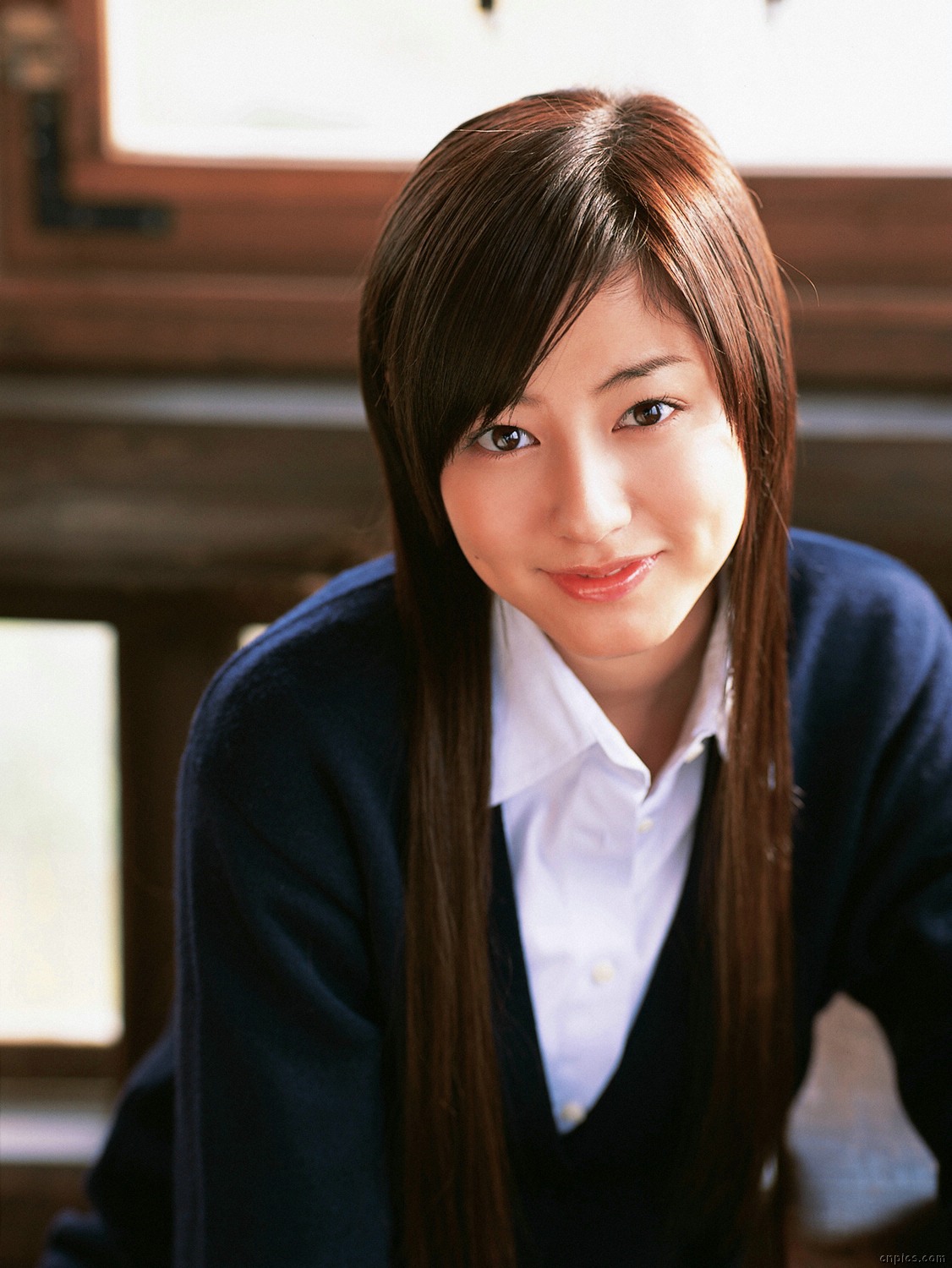 sugimoto yumi, highres, photo (medium), 1girl, asian, brown hair, cardigan, cosplay, female focus, indoors, long hair, looking at viewer, school uniform, solo