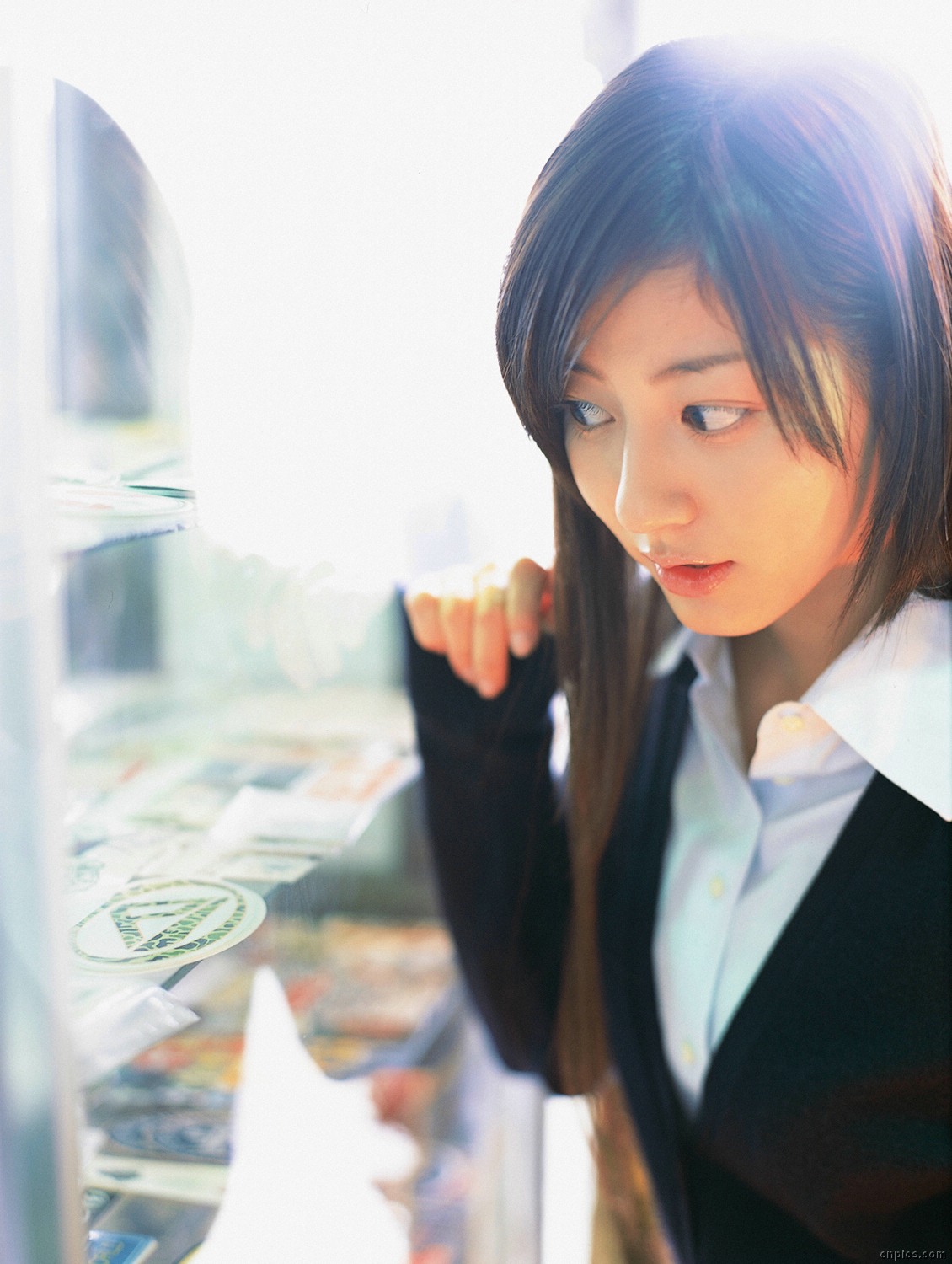 sugimoto yumi, highres, photo (medium), 1girl, asian, brown hair, cardigan, cosplay, female focus, long hair, school uniform, solo