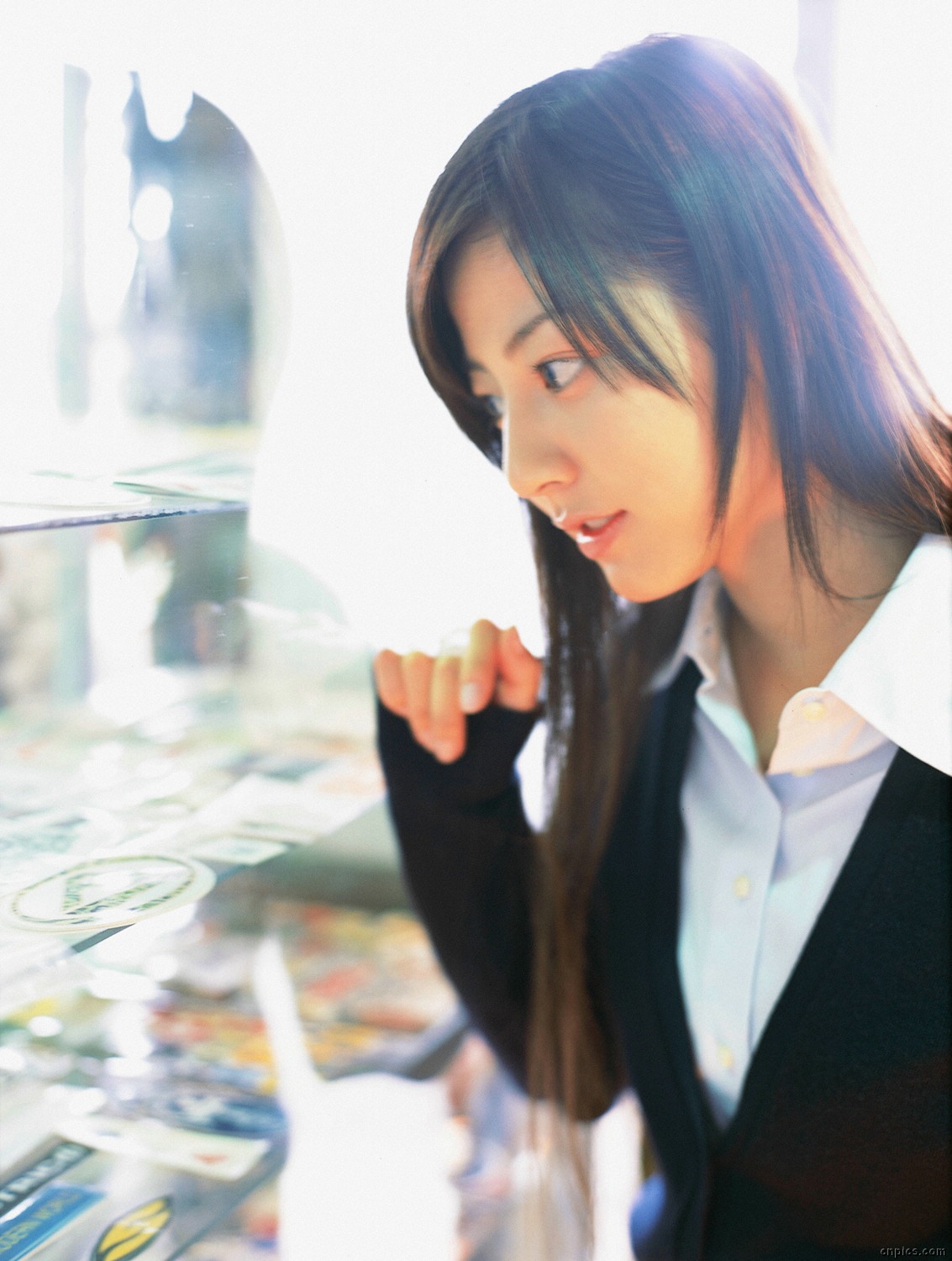 sugimoto yumi, highres, photo (medium), 1girl, asian, brown hair, cardigan, cosplay, female focus, long hair, school uniform, solo