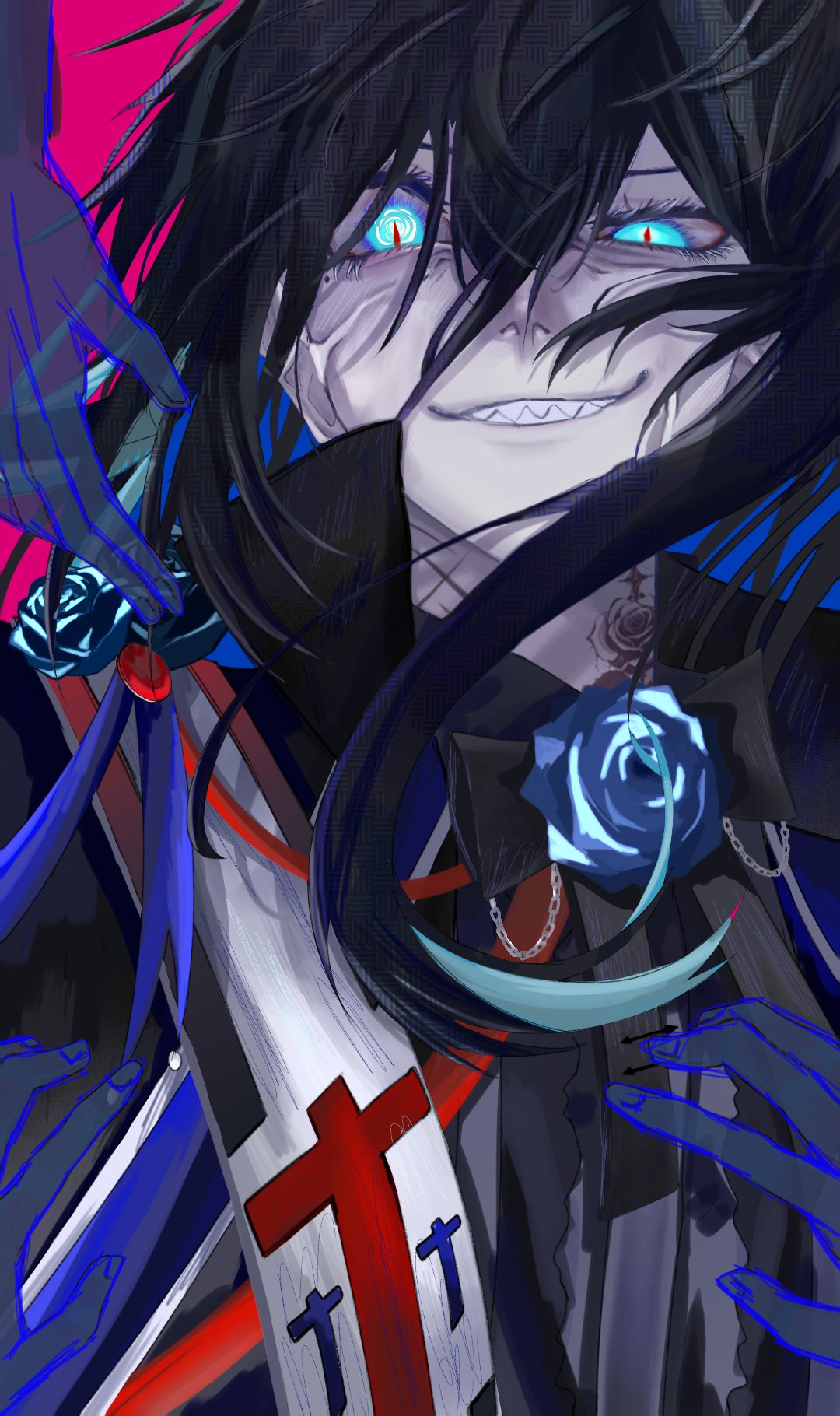 carlos jpg, chando (ado), ado (utaite), commentary, hashtag-only commentary, highres, 1girl, black hair, blue flower, blue rose, clenched teeth, flower, hair between eyes, looking at viewer, mole, mole under eye, pink background, red pupils, rose, sharp teeth, slit pupils, solo, teeth, upper body, utaite