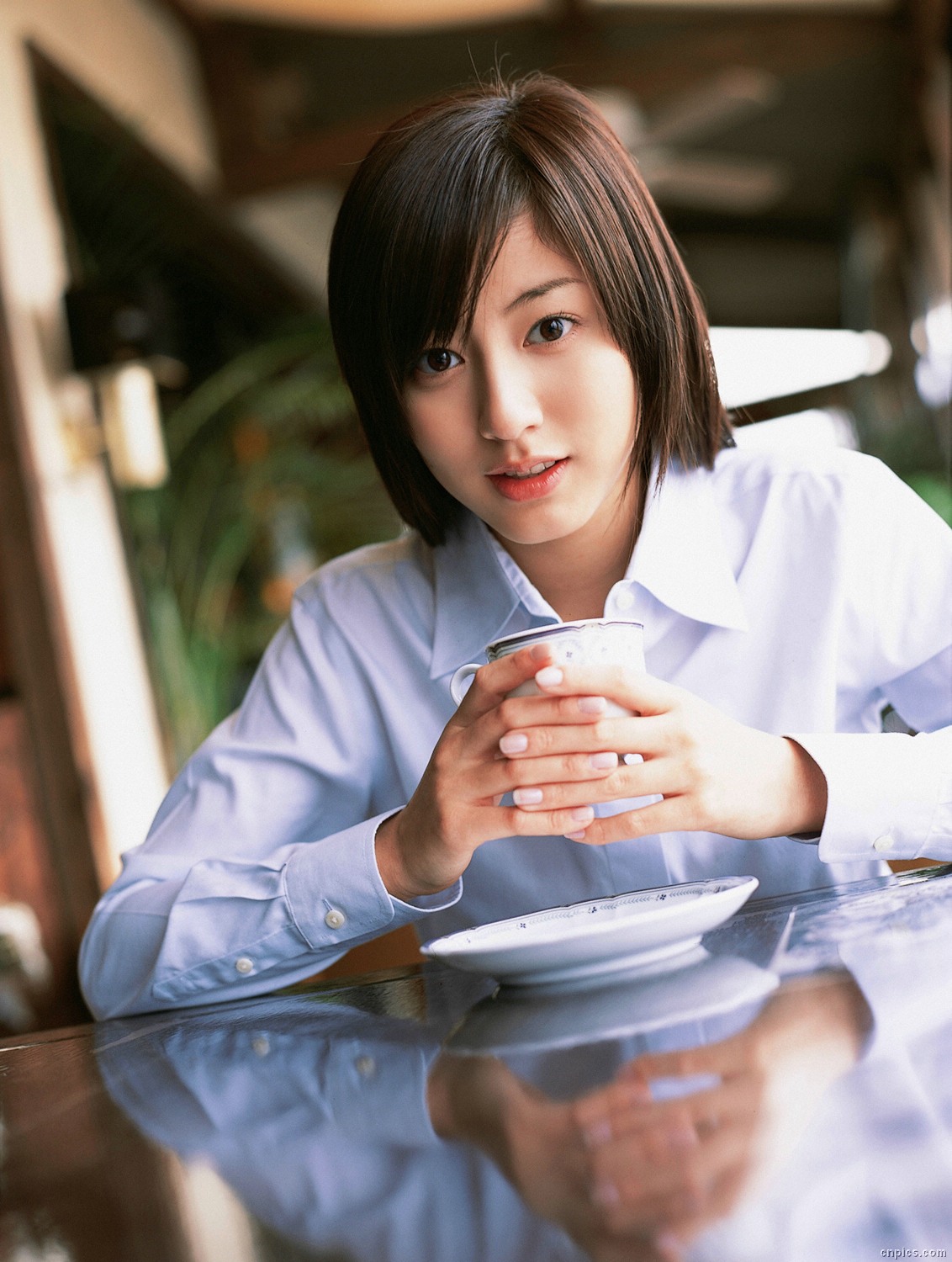 sugimoto yumi, highres, photo (medium), 1girl, asian, brown hair, cosplay, dutch angle, female focus, long hair, looking at viewer, school uniform, solo, tea shop