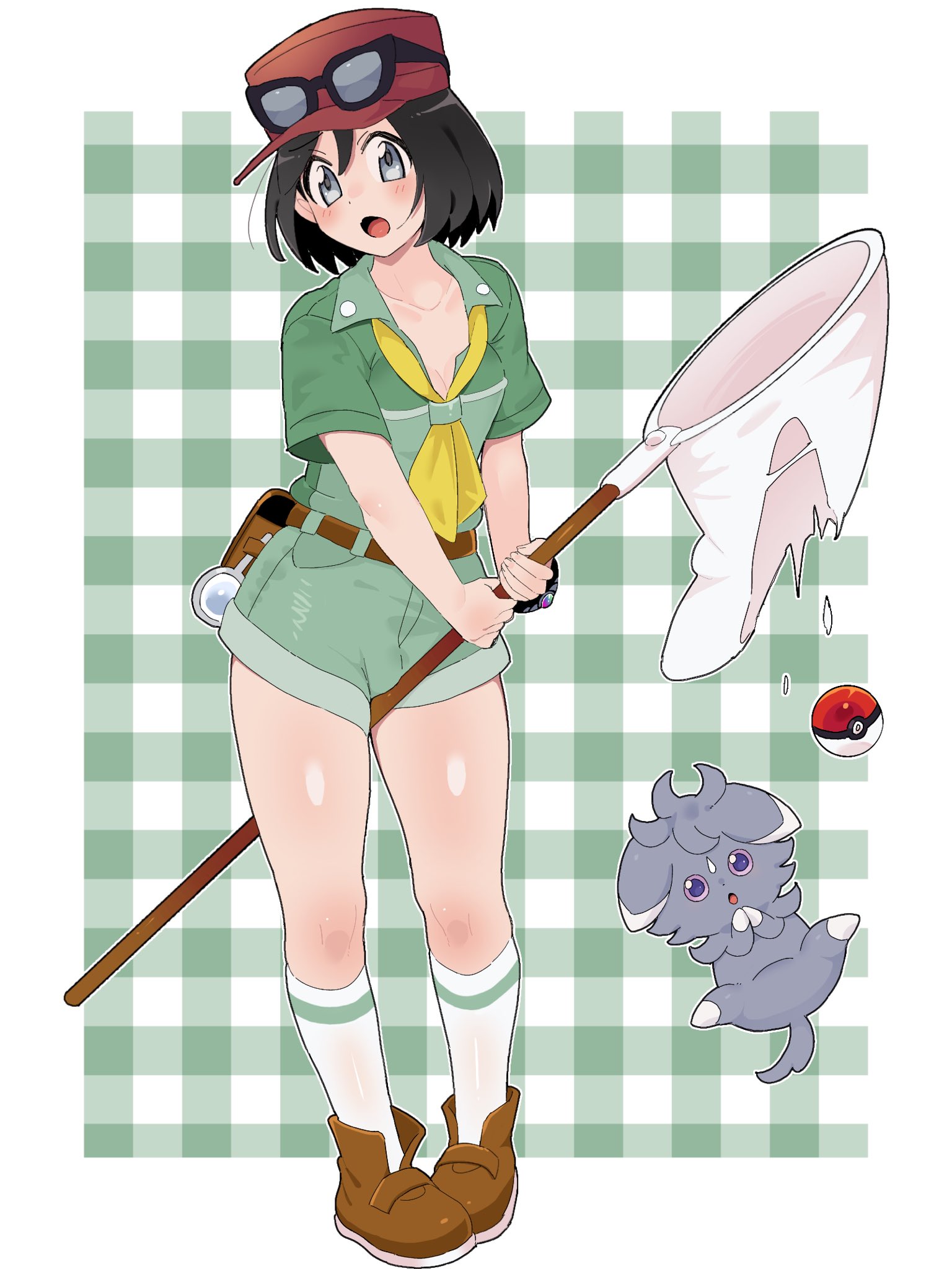 sana (37pisana), bugsy (pokemon), calem (pokemon), espurr, nintendo, pokemon, pokemon hgss, pokemon xy, commentary request, highres, 1boy, :o, belt, belt pouch, black hair, brown belt, brown shoes, bugsy (pokemon) (cosplay), butterfly net, collarbone, collared shirt, cosplay, eyewear on headwear, gen 6 pokemon, green shirt, green shorts, grey eyes, hand net, hat, holding, holding butterfly net, male focus, open mouth, pigeon-toed, poke ball, poke ball (basic), pouch, red hat, shiny skin, shirt, shoes, short hair, short sleeves, shorts, socks, standing, sunglasses, thighs, tongue, white socks