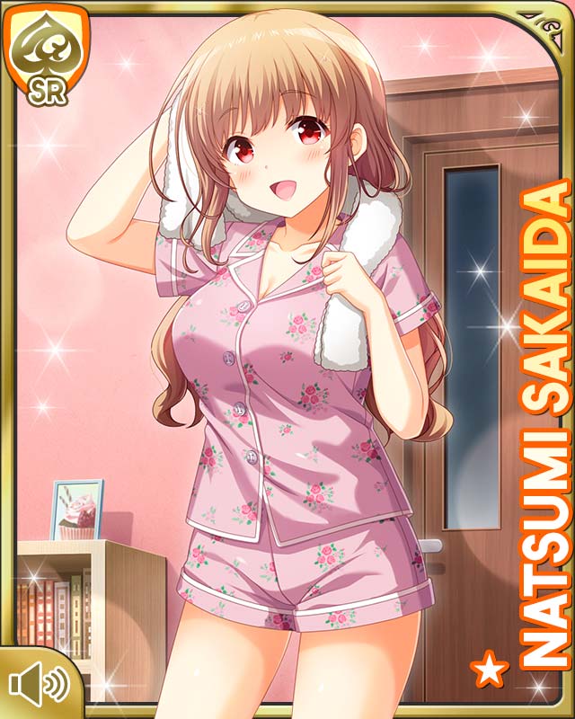 qp:flapper, sakaida natsumi, girlfriend (kari), official art, 1girl, :d, bedroom, breasts, brown hair, card (medium), character name, female focus, fireworks, hair ornament, indoors, large breasts, long hair, looking at viewer, night, open mouth, pajamas, pink scrunchie, pink shirt, pink shorts, red eyes, scrunchie, shirt, shorts, smile, solo, sparkle, standing