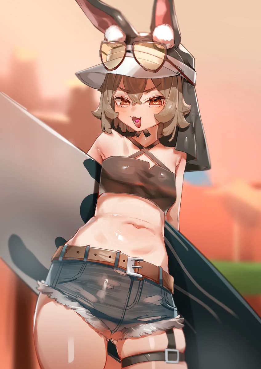 kirigirisu1221, caper (arknights), caper (summer flowers) (arknights), arknights, commentary request, 1girl, animal ear fluff, animal ears, bandeau, belt, black bandeau, blush, breasts, brown hair, criss-cross halter, crossed bangs, denim, denim shorts, eyewear on head, gloves, halterneck, heart, heart in mouth, holding, holding surfboard, looking at viewer, midriff, navel, official alternate costume, open mouth, rabbit ears, red eyes, red gloves, short hair, short shorts, shorts, solo, surfboard, thigh strap, visor cap