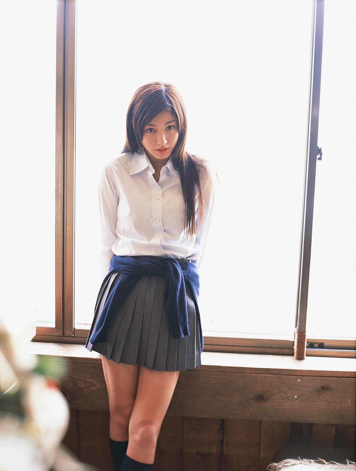 sugimoto yumi, highres, photo (medium), 1girl, asian, brown hair, cardigan, cosplay, female focus, kneehighs, long hair, looking at viewer, miniskirt, pleated skirt, school uniform, skirt, socks, solo