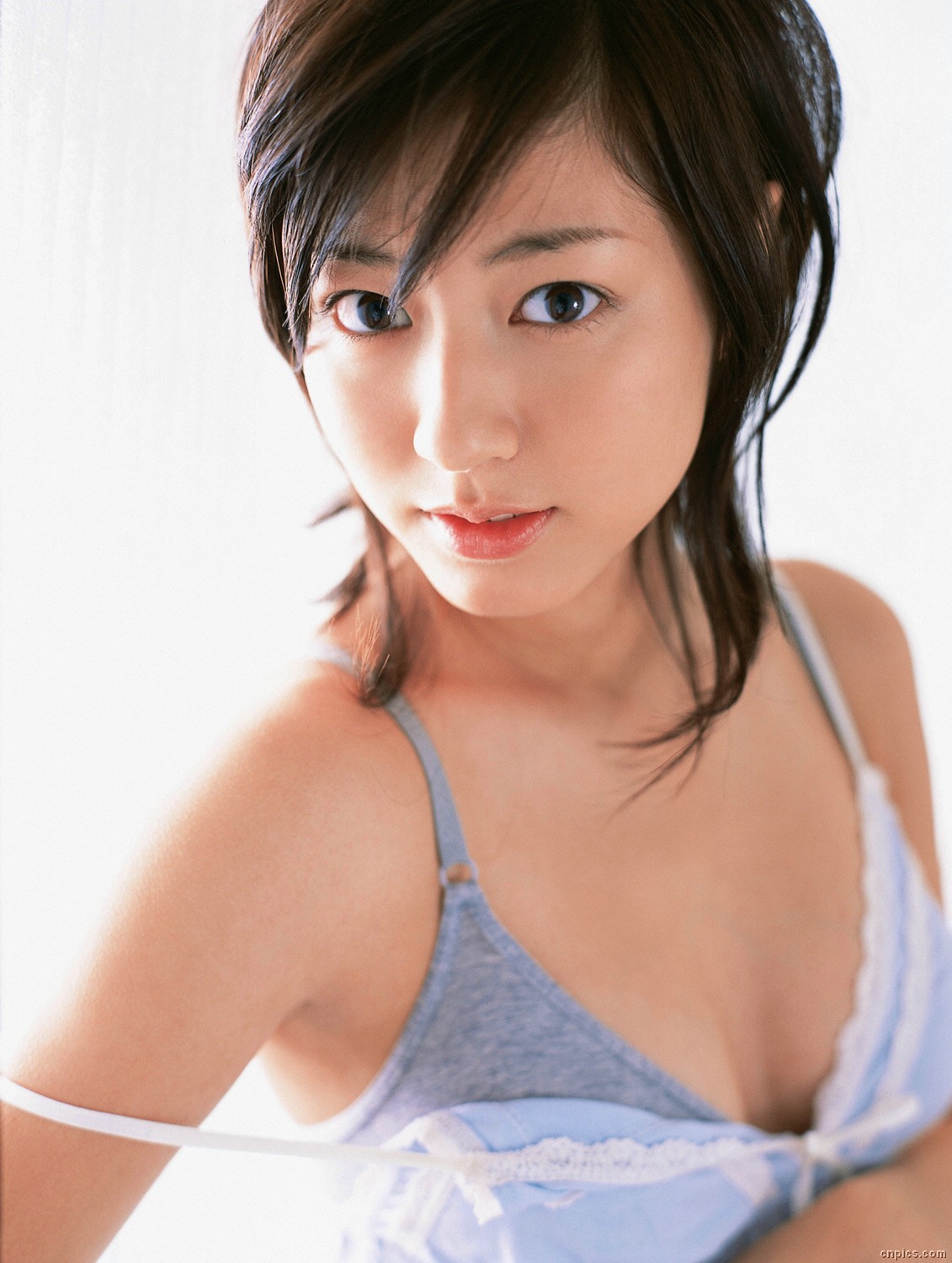 sugimoto yumi, highres, photo (medium), 1girl, asian, bra, brown hair, camisole, female focus, indoors, lingerie, long hair, looking at viewer, solo, strap slip, underwear
