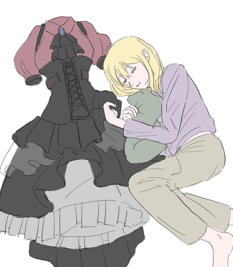 misumi uika, oblivionis (bang dream!), togawa sakiko, bang dream!, bang dream! it's mygo!!!!!, commentary request, korean commentary, 1girl, blonde hair, brown pants, closed mouth, hair between eyes, happy123000, holding, holding unworn clothes, hugging object, medium hair, pants, pillow, pillow hug, purple shirt, shirt, sidelocks, simple background, sleeping, solo, white background