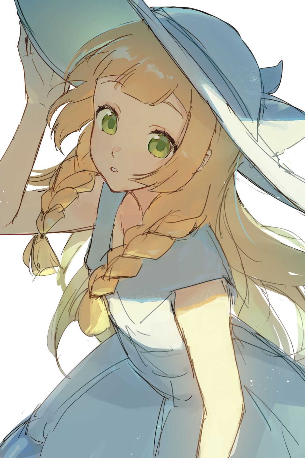 konbu 1270, lillie (pokemon), nintendo, pokemon, pokemon sm, commentary request, highres, 1girl, blonde hair, braid, collared dress, dress, eyelashes, green eyes, hand on headwear, hand up, hat, hat ribbon, long hair, looking up, ribbon, simple background, sleeveless, sleeveless dress, solo, sun hat, twin braids, white background