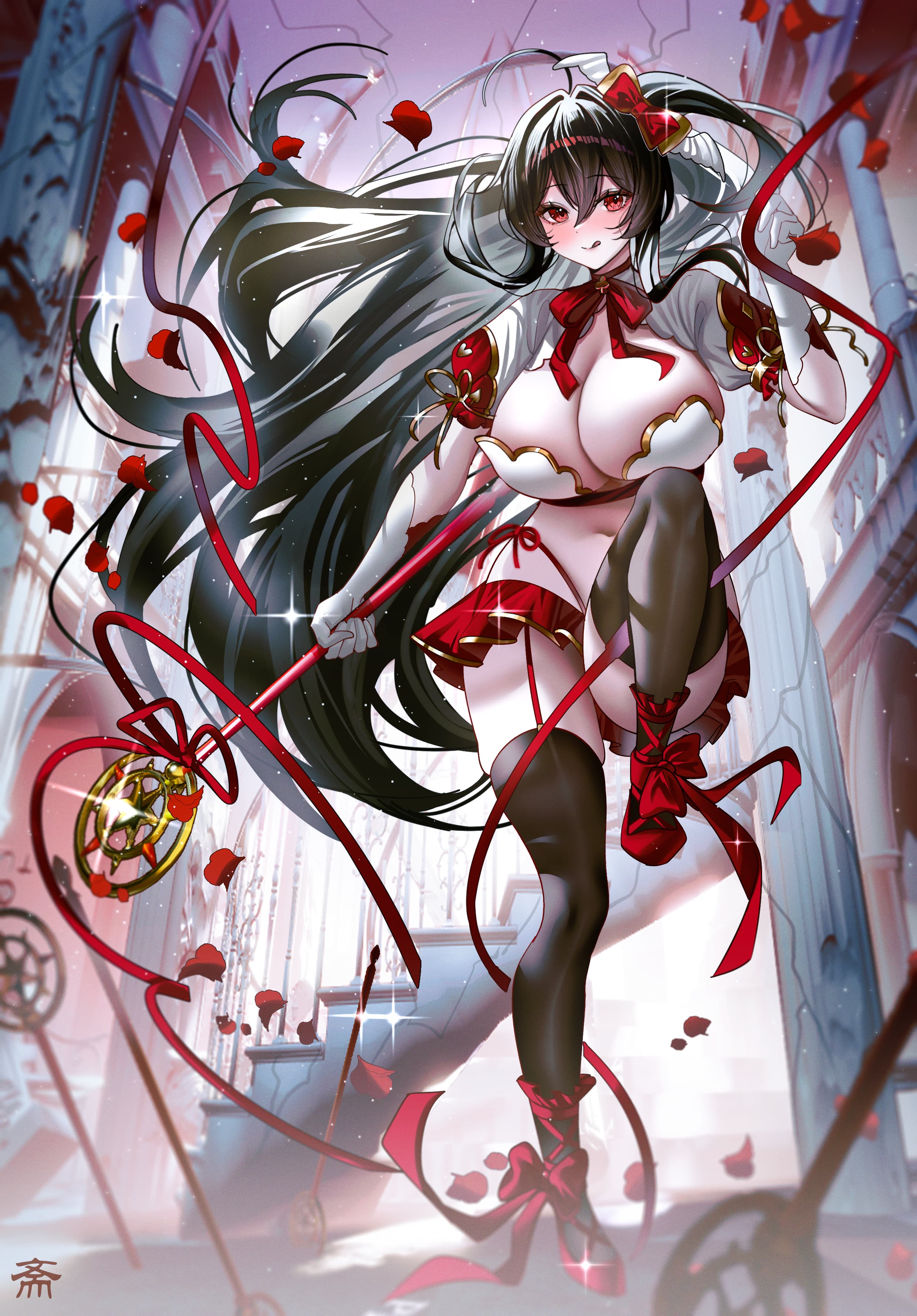 tansuan (ensj3875), taihou (azur lane), azur lane, absurdres, highres, 1girl, :q, alternate costume, black hair, black thighhighs, blush, breasts, closed mouth, elbow gloves, full body, gloves, hair between eyes, hair ornament, highleg, highleg panties, holding, large breasts, long hair, looking at viewer, magical girl, microskirt, panties, petals, red eyes, red panties, red skirt, side-tie panties, skirt, smile, thighhighs, thighs, tongue, tongue out, underwear, very long hair, white gloves