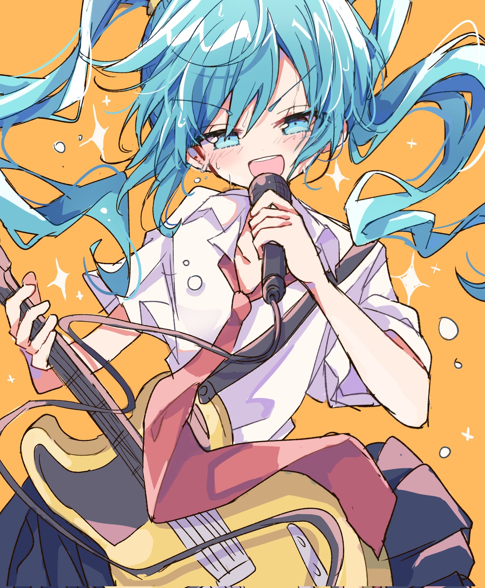 futaba969649, hatsune miku, magical mirai (vocaloid), vocaloid, commentary request, corrupted twitter file, highres, 1girl, :d, black skirt, blue eyes, blue hair, blush, collared shirt, electric guitar, guitar, holding, holding guitar, holding instrument, holding microphone, instrument, long hair, looking at viewer, microphone, necktie, open mouth, orange background, pleated skirt, red necktie, shirt, short sleeves, simple background, skirt, smile, solo, sweat, twintails, upper body, v-shaped eyebrows, white shirt