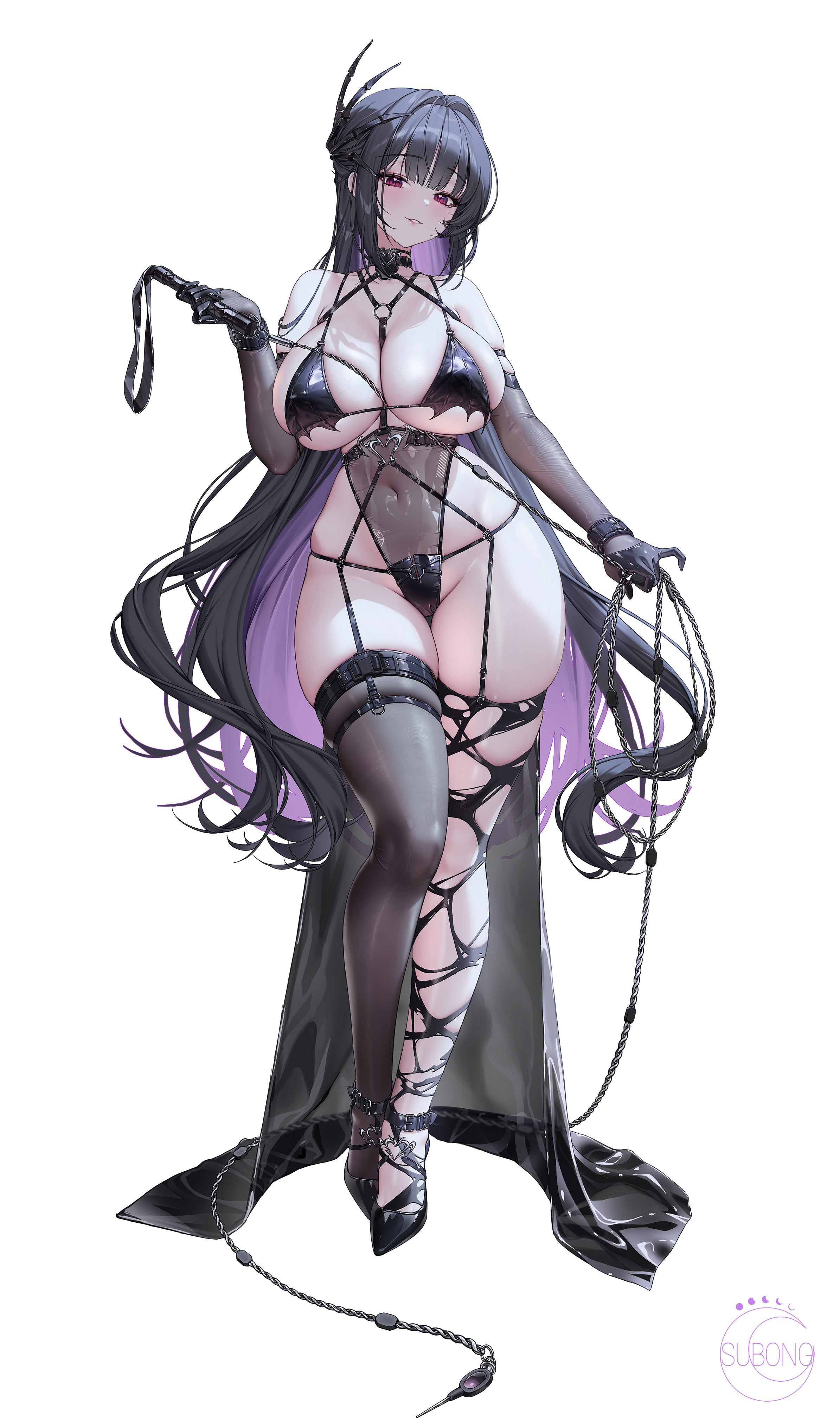 subong, mihara (bonding chain) (nikke), mihara (nikke), goddess of victory: nikke, absurdres, highres, 1girl, bare shoulders, black gloves, black hair, black leotard, black thighhighs, blush, breasts, elbow gloves, full body, gloves, hair ornament, highleg, highleg leotard, holding, large breasts, leotard, long hair, mismatched thighhighs, parted lips, purple eyes, simple background, solo, standing, thighhighs, thighs, torn clothes, torn thighhighs, white background