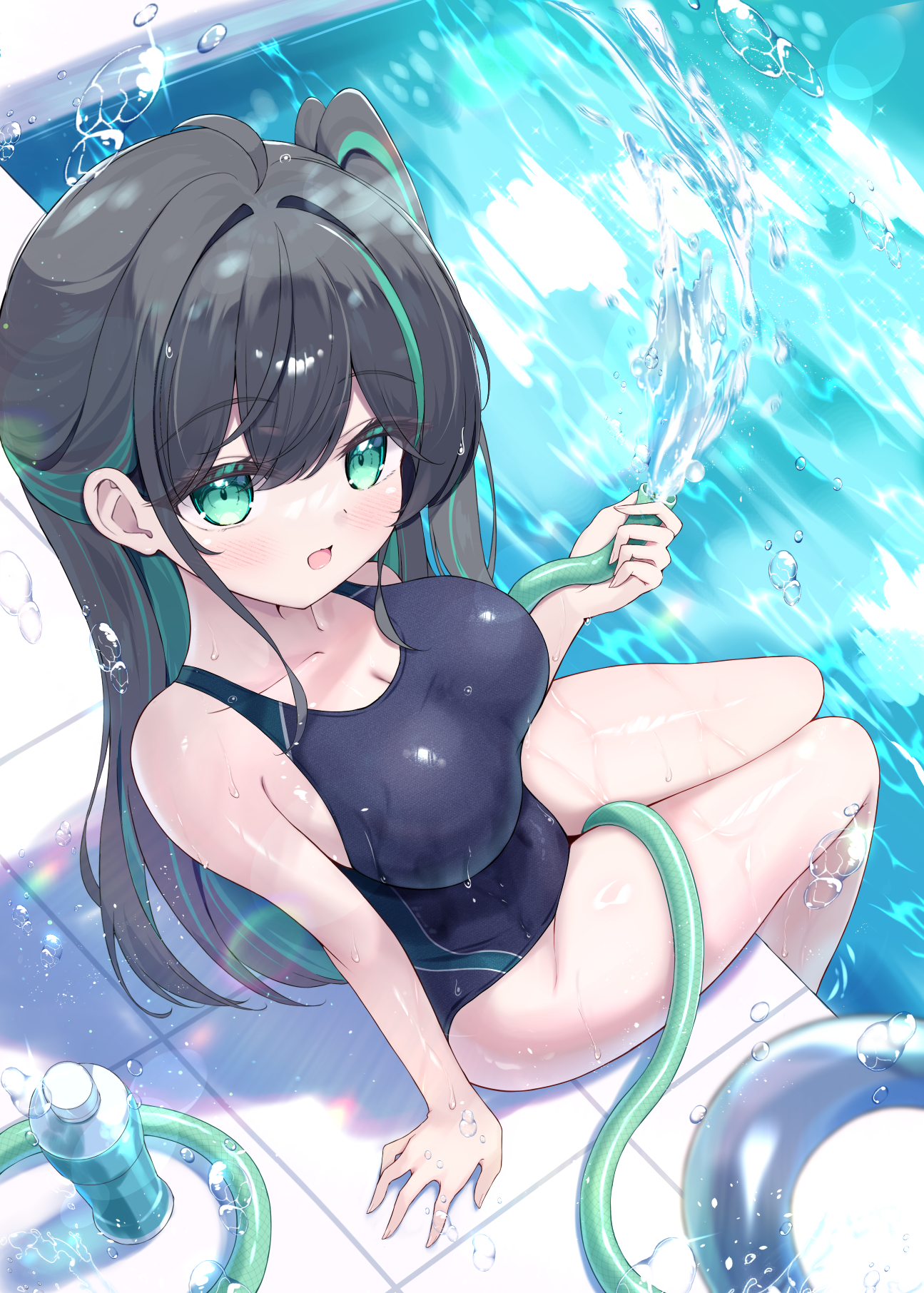 mikaze oto, misuzu (mikaze oto), original, commentary request, highres, 1girl, black hair, black one-piece swimsuit, breasts, green eyes, green streaks, hair between eyes, hand up, holding, holding hose, hose, large breasts, long hair, looking at viewer, multicolored hair, one-piece swimsuit, open mouth, poolside, sitting, solo, streaked hair, swimsuit, very long hair, water