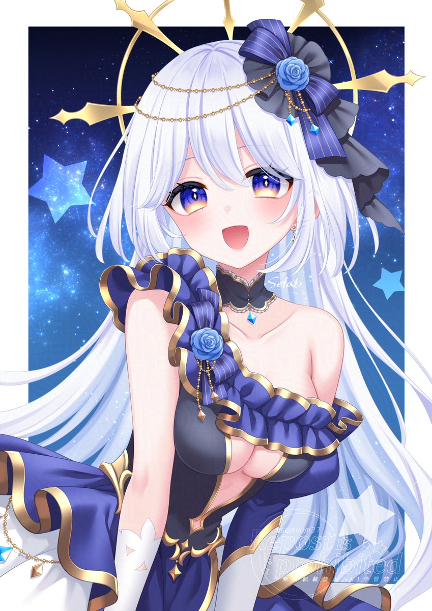 stardrop, original, commentary request, highres, 1girl, blue bow, blue eyes, blue flower, blue gemstone, bow, breasts, cleavage, collarbone, dress, flower, gem, hair between eyes, hair bow, hair flower, hair ornament, long hair, looking at viewer, medium breasts, multicolored eyes, open mouth, single bare shoulder, single off shoulder, solo, upper body, very long hair, white hair, yellow eyes
