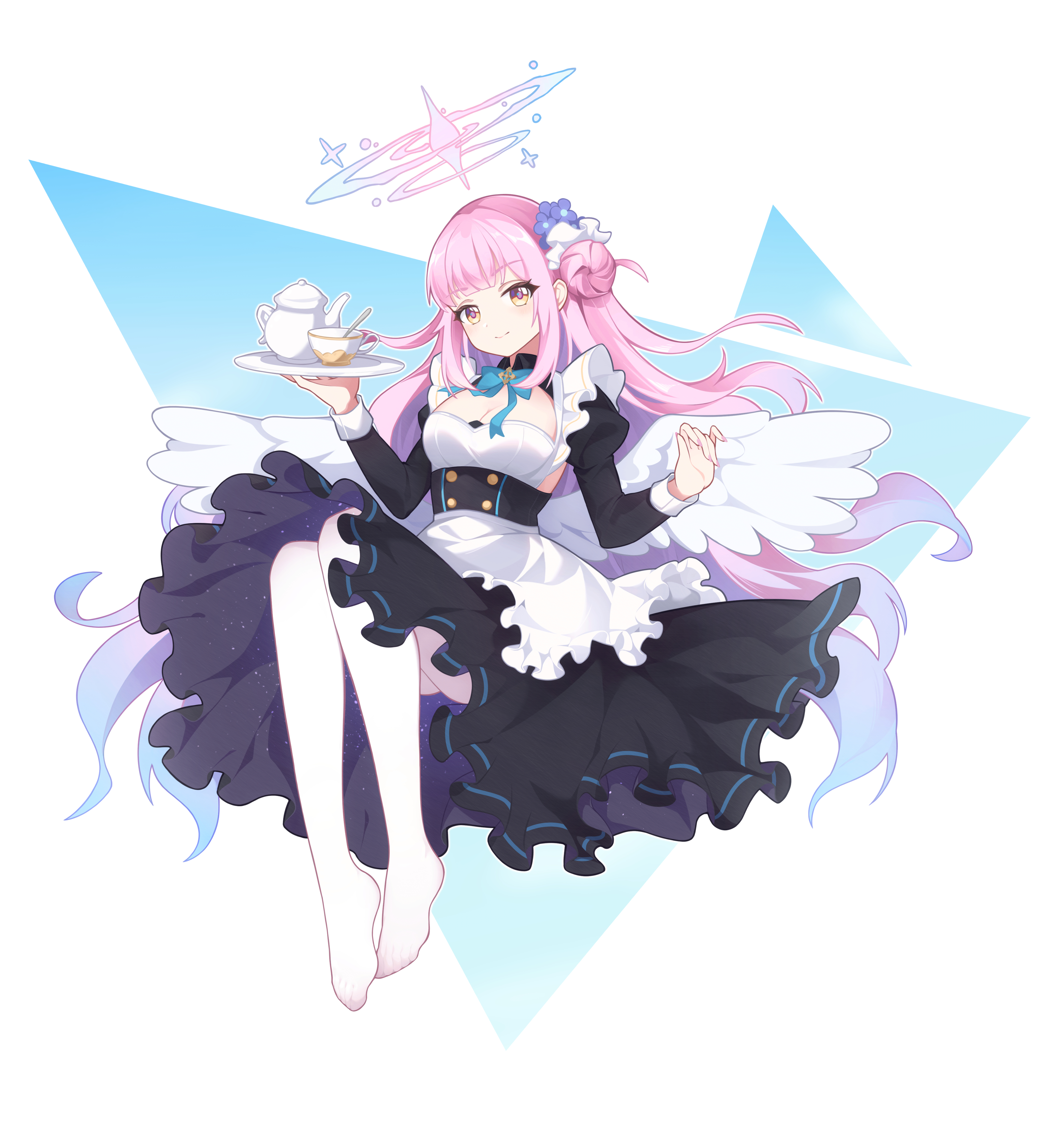 mika (blue archive), blue archive, absurdres, highres, 1girl, alternate costume, angel wings, apron, aqua bow, aqua hair, bow, breasts, ccc-ccc-ccc-ccc, cleavage, closed mouth, cup, feathered wings, flower, frilled apron, frills, gradient hair, hair bun, hair flower, hair ornament, halo, large breasts, long hair, long sleeves, low wings, maid, maid apron, multicolored hair, pantyhose, pink hair, pink halo, puffy long sleeves, puffy sleeves, single hair bun, single side bun, smile, spoon, teacup, teapot, very long hair, white apron, white pantyhose, white wings, wings, yellow eyes