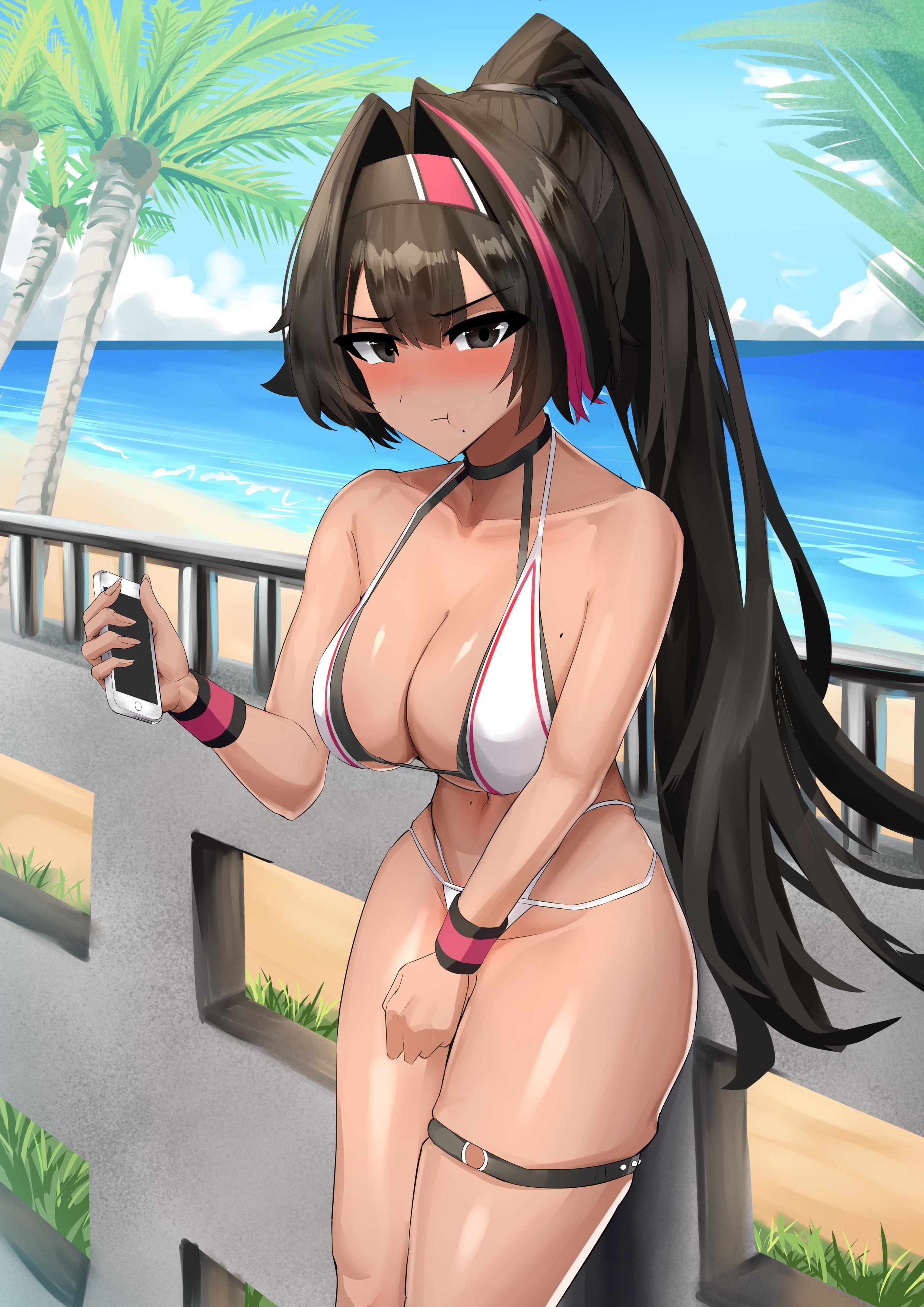 nakamura harunobu, bay (nikke), goddess of victory: nikke, absurdres, commentary request, highres, 1girl, :t, against railing, ahoge, beach, bikini, black hair, breasts, cellphone, cleavage, collarbone, dark-skinned female, dark skin, double-parted bangs, grey eyes, hair between eyes, hair intakes, hairband, holding, holding phone, large breasts, layered bikini, long hair, looking at viewer, mole, mole on breast, mole on stomach, mole under mouth, multi-strapped bikini bottom, multicolored hair, navel, outdoors, palm tree, phone, ponytail, pout, railing, red hair, skindentation, smartphone, solo, star (symbol), star sticker, sticker, sticker on face, stomach, streaked hair, swimsuit, thick thighs, thigh strap, thighs, toned, toned female, tree, very long hair, water, white bikini, wristband