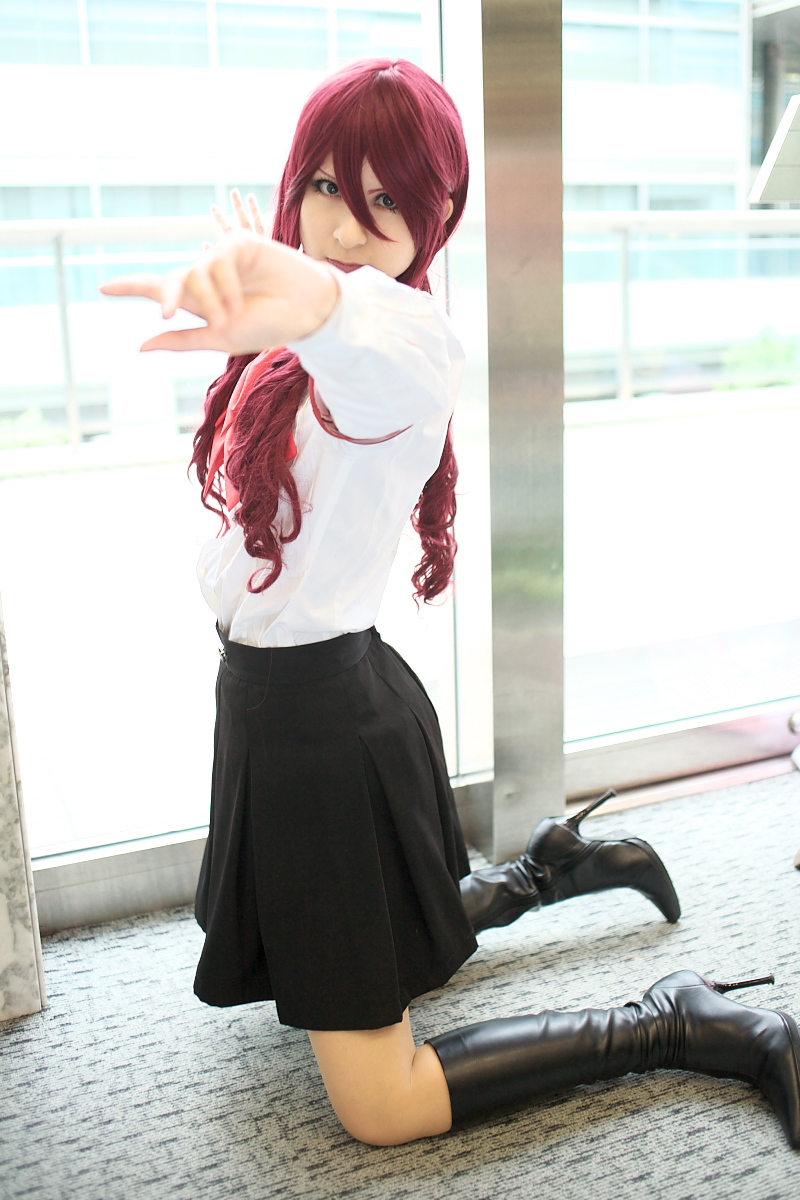 kirijou mitsuru, atlus, persona, persona 3, highres, photo (medium), armband, boots, cosplay, kaminariko, red hair, school uniform, serafuku