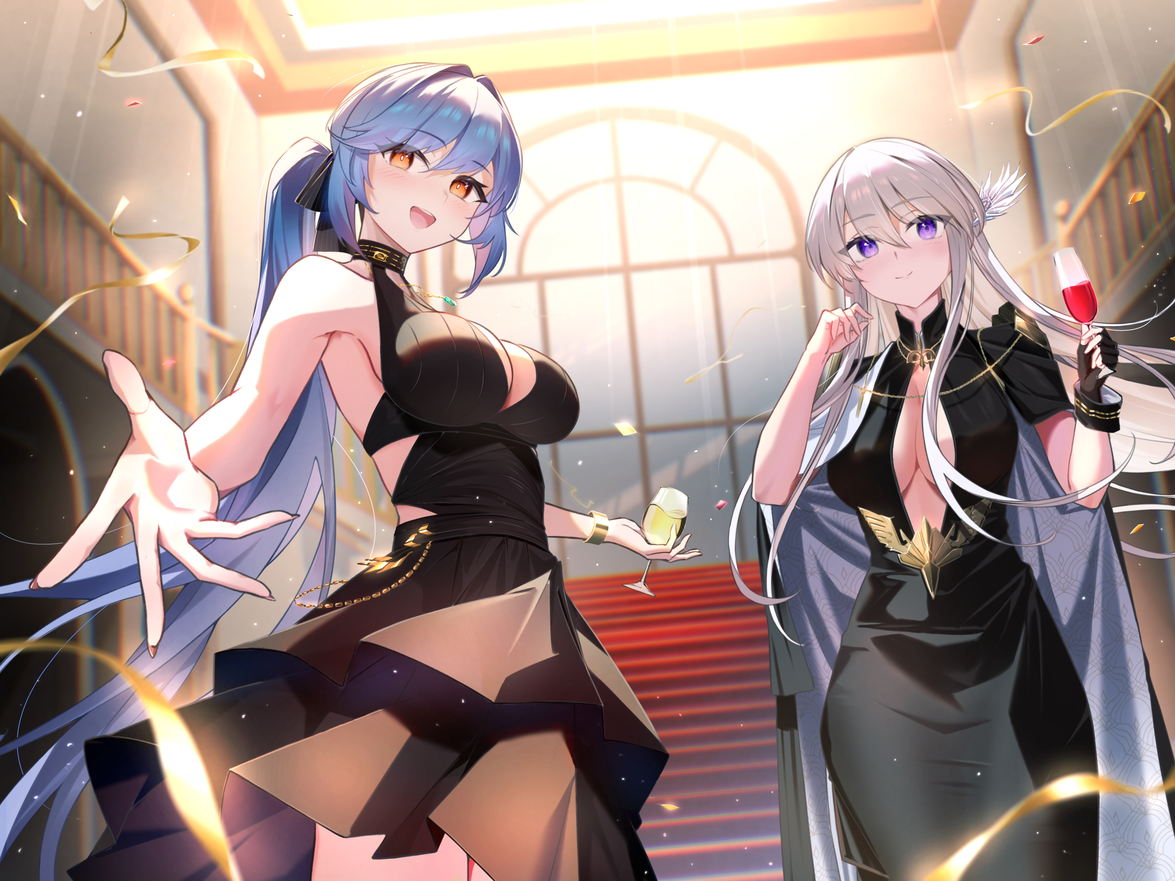 rubisco, enterprise (azur lane), enterprise (heroic finery) (azur lane), essex (azur lane), essex (craft fairytail) (azur lane), azur lane, absurdres, highres, 2girls, backlighting, bare arms, bare shoulders, black bow, black dress, black gloves, blurry, bow, bracelet, breasts, center opening, champagne flute, cleavage, cloak, closed mouth, cocktail dress, confetti, cup, day, depth of field, dress, drinking glass, evening gown, feather hair ornament, feathers, fingerless gloves, floating hair, gloves, grey hair, hair ornament, hair ribbon, halter dress, halterneck, holding, holding cup, indoors, jewelry, large breasts, lens flare, light particles, light rays, long dress, long hair, looking at viewer, looking back, multiple girls, necklace, official alternate costume, open mouth, ponytail, purple eyes, purple hair, railing, reaching, reaching towards viewer, red eyes, red nails, ribbon, sidelocks, single glove, single wrist cuff, sleeveless, sleeveless dress, smile, stairs, standing, sunlight, very long hair, white hair, window, wrist cuffs