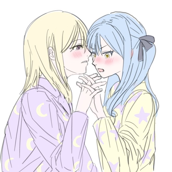 misumi uika, togawa sakiko, bang dream!, bang dream! it's mygo!!!!!, commentary request, korean commentary, 2girls, blonde hair, blue hair, blush, hair ribbon, happy123000, long hair, medium hair, multiple girls, open mouth, pajamas, purple eyes, purple shirt, ribbon, shirt, sidelocks, simple background, white background, yellow eyes