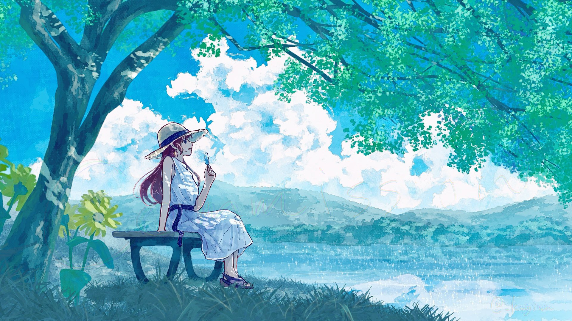kumagai nono, original, commentary request, highres, 1girl, arm support, blue sky, brown hair, cloud, cloudy sky, dappled sunlight, dress, flower, food, forest, grass, hand up, hat, holding, holding food, holding popsicle, lake, long dress, long hair, nature, on bench, outdoors, popsicle, sandals, scenery, sitting, sky, slice of life, solo, straw hat, sundress, sunlight, tree, watermark, white dress, wide shot, yellow flower