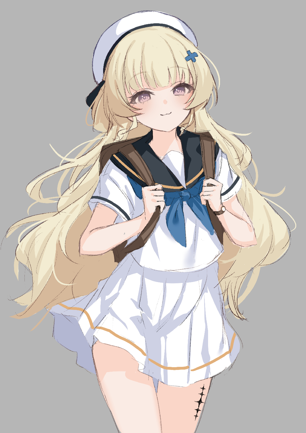 kuramoto beta-carotene, phoebe (wuthering waves), wuthering waves, commentary request, highres, 1girl, alternate costume, backpack, bag, black sailor collar, blonde hair, blue neckerchief, brown bag, closed mouth, feet out of frame, grey background, hair ornament, hat, high-waist skirt, long hair, looking at viewer, neckerchief, purple eyes, sailor collar, shirt, short sleeves, simple background, skirt, smile, solo, tacet mark (wuthering waves), very long hair, watch, white hat, white shirt, white skirt, wristwatch, x hair ornament