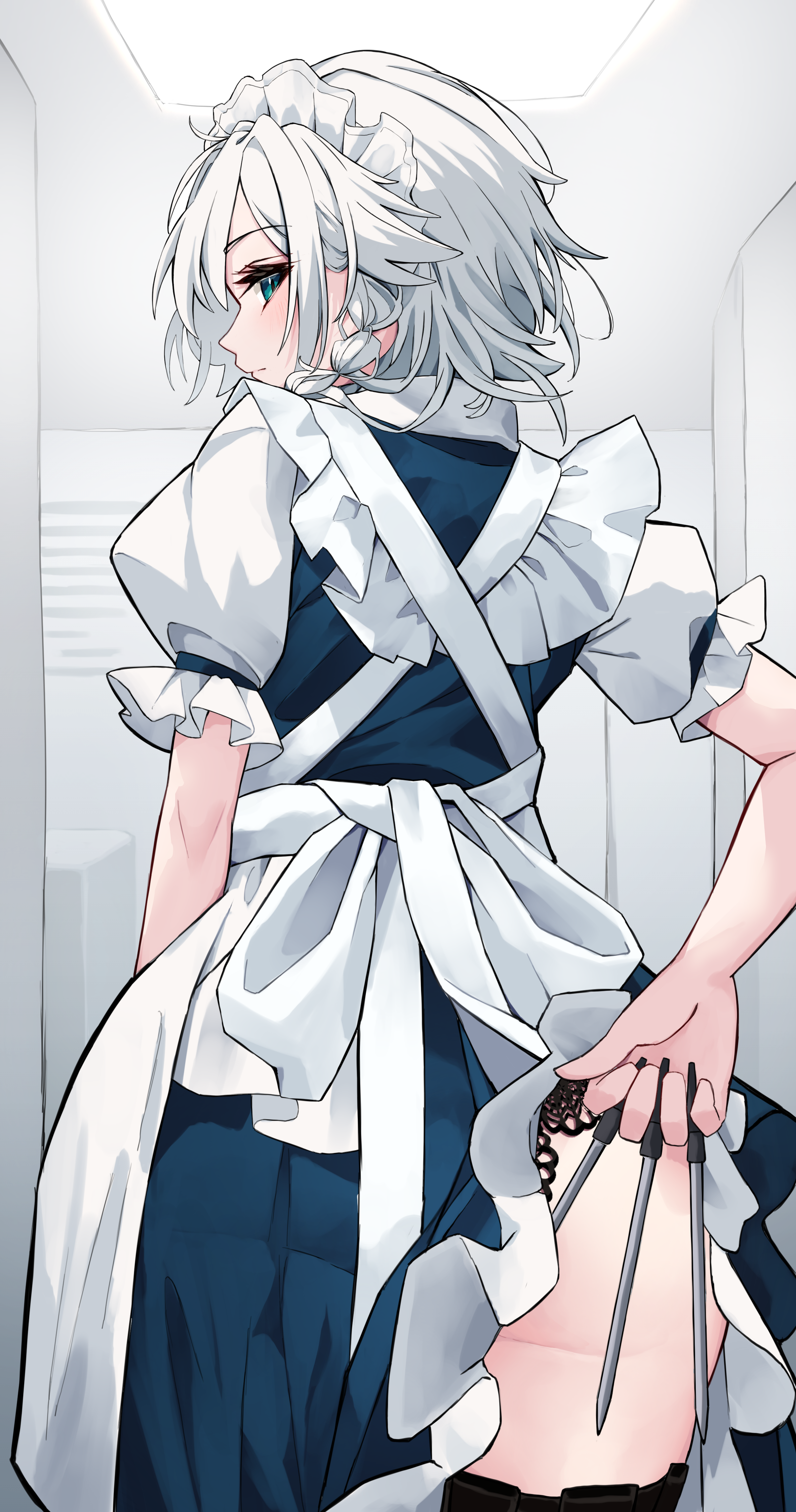 hira-san, izayoi sakuya, touhou, absurdres, highres, 1girl, apron, ass, between fingers, black panties, black thighhighs, blush, frilled apron, frills, grey hair, holding, holding knife, knife, knives between fingers, lace, lace-trimmed panties, lace trim, looking at viewer, maid, maid apron, maid headdress, panties, panty peek, profile, puffy short sleeves, puffy sleeves, short sleeves, sideways glance, solo, thighhighs, underwear, white apron