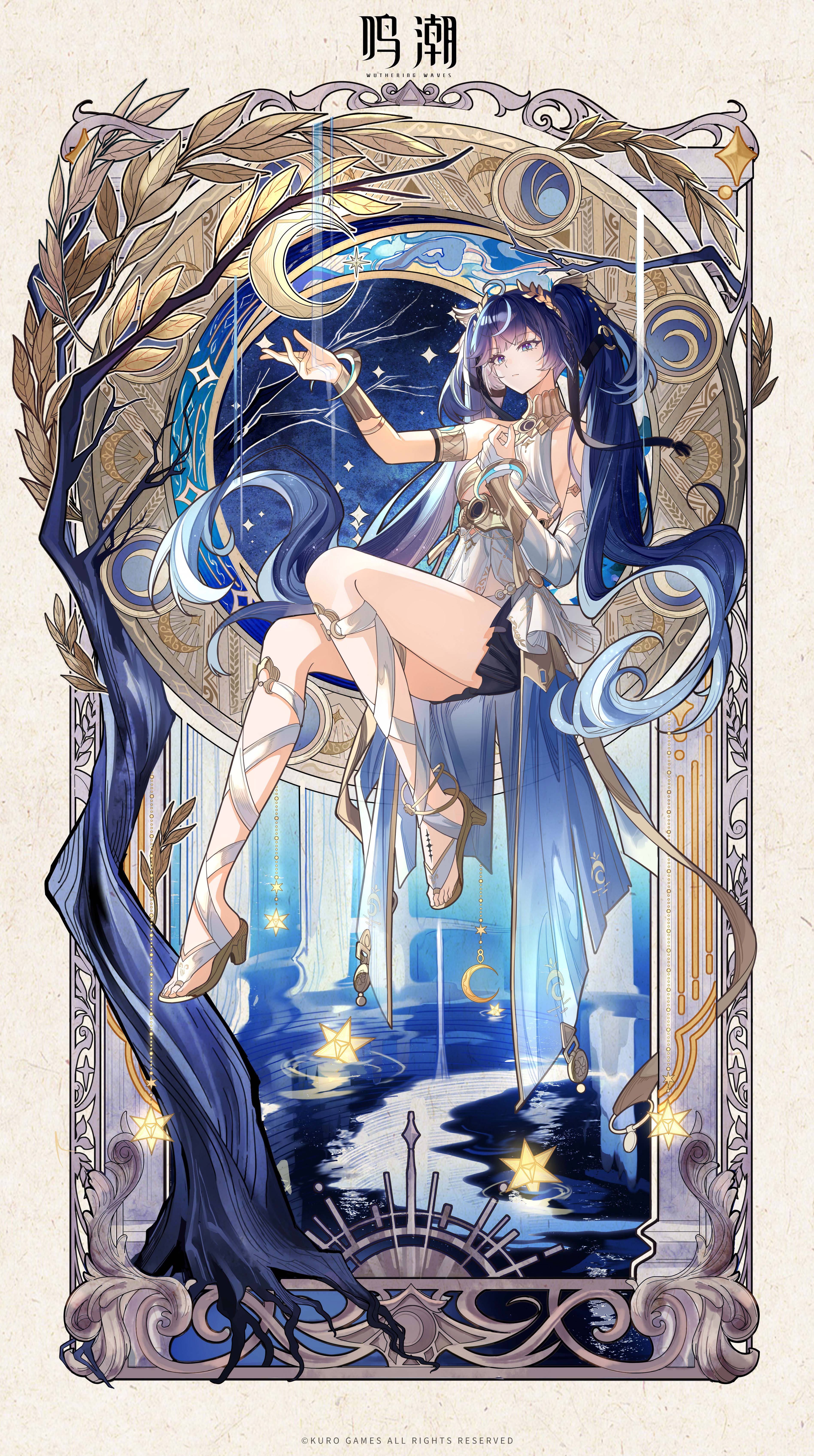 iuno (wuthering waves), wuthering waves, absurdres, highres, official art, 1girl, ancient greek clothes, armlet, black skirt, blue eyes, blue hair, closed mouth, copyright notice, full body, gladiator sandals, gold bra, greco-roman clothes, hair belt, hand up, head wreath, jewelry, leg wrap, logo, looking ahead, miniskirt, missing commentary, multicolored hair, sandals, sitting, skirt, solo, streaked hair, tacet mark (wuthering waves), twintails