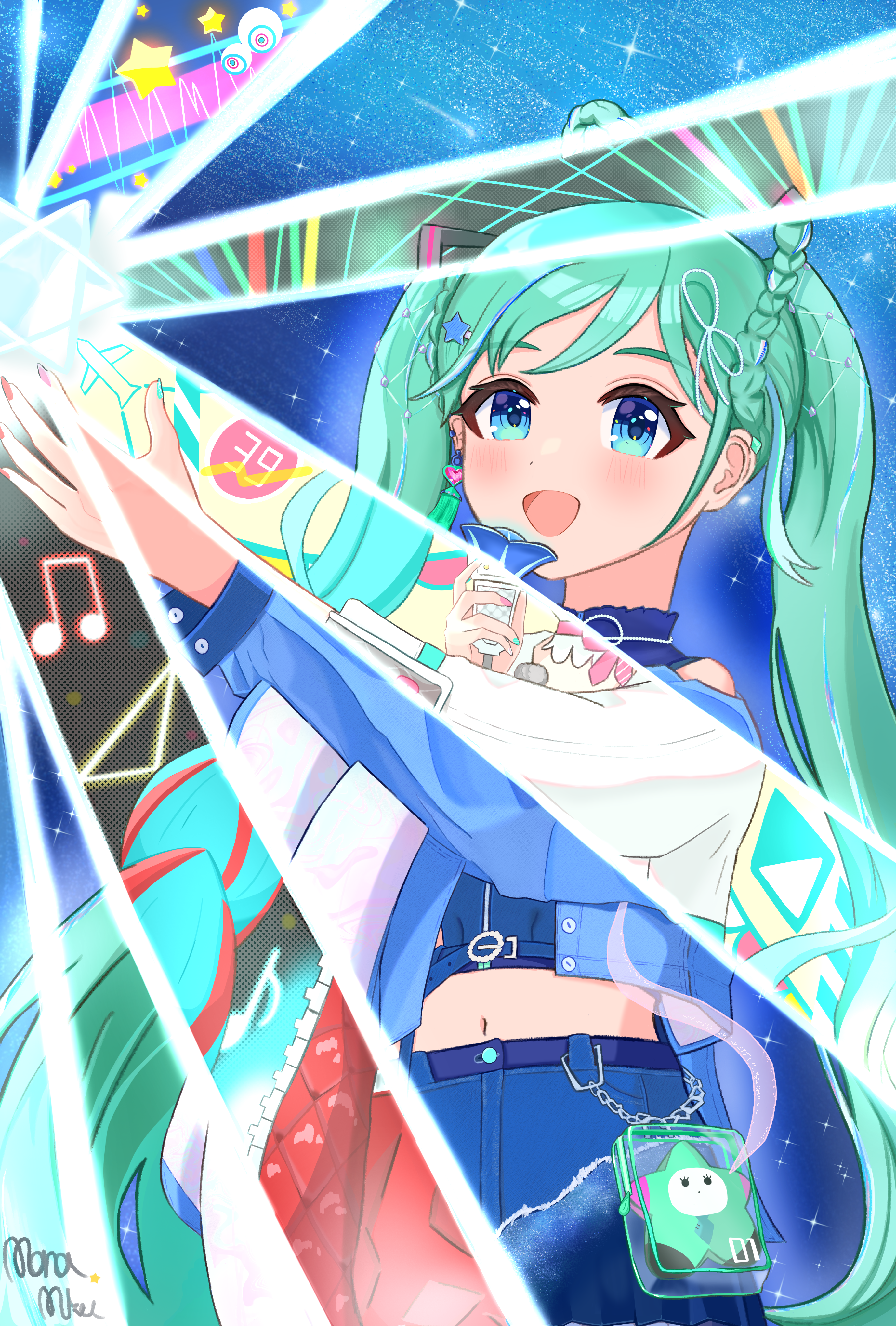 hatsune miku, magical mirai miku, magical mirai miku (2023), magical mirai miku (2024), magical mirai miku (2025), magical mirai (vocaloid), vocaloid, absurdres, highres, 1girl, 39, aqua hair, aqua nails, blue eyes, blue jacket, blue skirt, blush, braid, braided hair rings, earrings, hair ornament, hair rings, heart, heart earrings, jacket, jewelry, long hair, lustrous (vocaloid), microphone, midriff, mukumona396, multicolored hair, navel, official alternate costume, official alternate hairstyle, open clothes, open jacket, open mouth, pink nails, red hair, single earring, skirt, smile, solo, star (symbol), star hair ornament, stomach, twintails, very long hair, white jacket