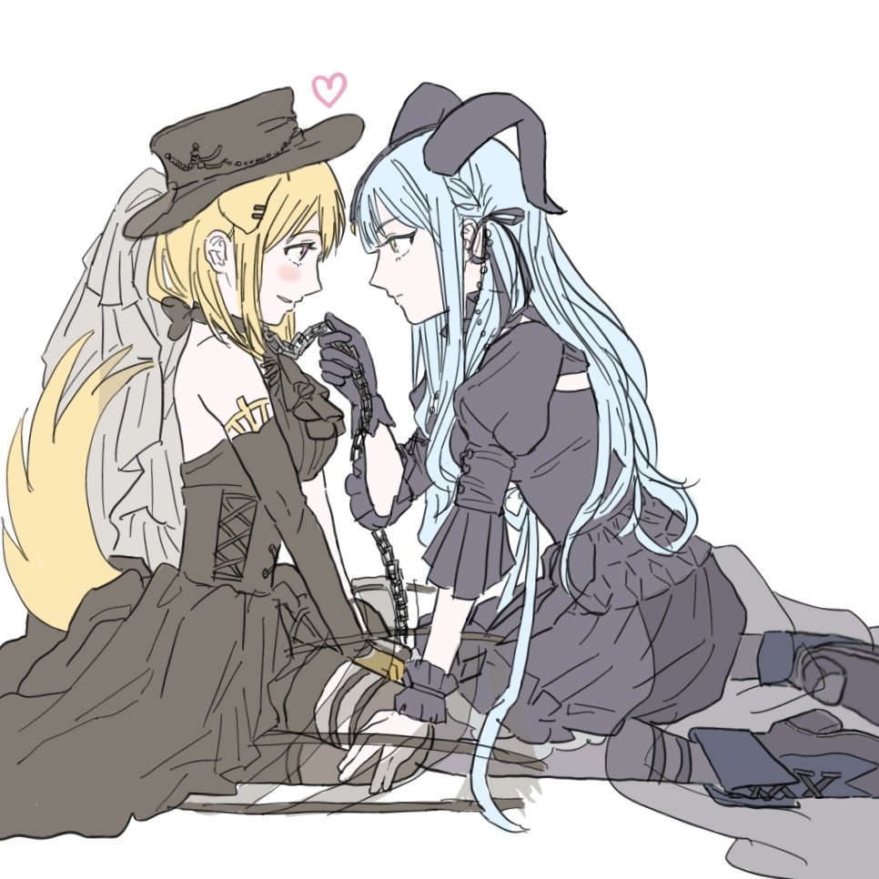 misumi uika, togawa sakiko, arknights, bang dream!, bang dream! it's mygo!!!!!, commentary request, korean commentary, 2girls, animal ear piercing, animal ears, black dress, black hat, black wrist cuffs, blonde hair, blue hair, chain, detached sleeves, dog ears, dog girl, dog tail, dress, eye contact, happy123000, hat, holding, holding leash, horns, juliet sleeves, leash, long hair, long sleeves, looking at another, medium hair, misumi uika (caged singer), multiple girls, puffy sleeves, sidelocks, sleeveless, sleeveless dress, tail, togawa sakiko (master of melodia), wrist cuffs, yellow eyes, yuri