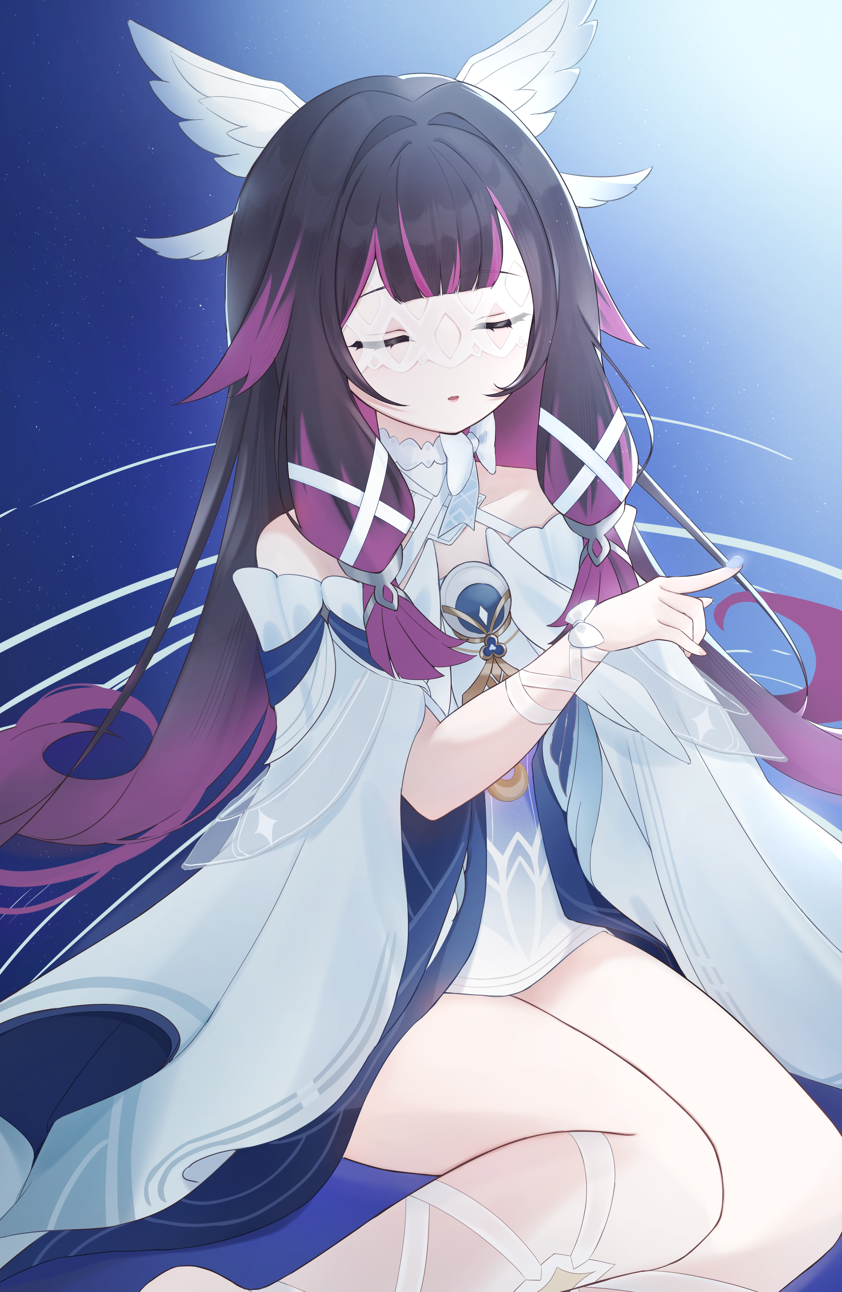 iroha (mimi0618xx), columbina (genshin impact), genshin impact, absurdres, highres, 1girl, black hair, closed eyes, dress, feathered wings, head wings, long hair, multicolored hair, multiple wings, parted lips, pink hair, ribbon, sidelocks, sitting, solo, very long hair, water, white dress, white mask, white ribbon, white wings, wings, yokozuwari